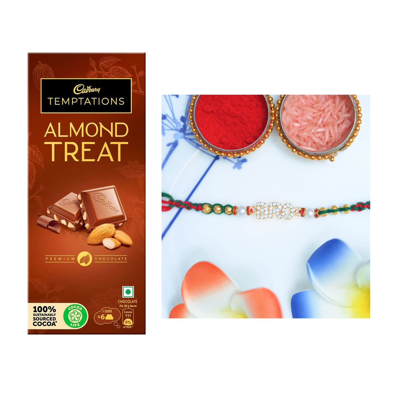Cadbury Temptations Almond Treat Premium Chocolate Bar(72gms) & Aurum Cool Bro Rakhi With White & Golden Beads(1pc) Combo
