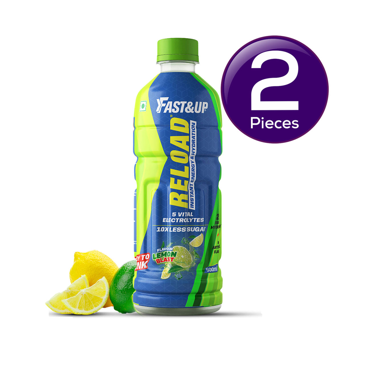Fast&Up Reload Ready to Drink Low Sugar Energy Drink Instant Energy & Hydration Drink - Lemon Flavour 500 ml Combo