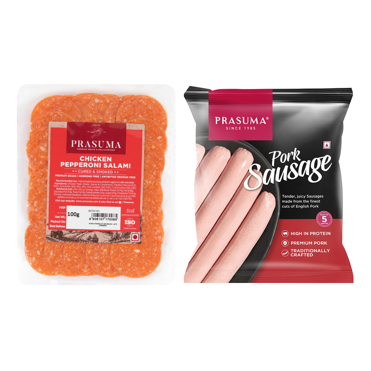 Prasuma Frozen Chicken Pepperoni Salami(100gms) & Prasuma Frozen Pork Sausage(250gms) Combo
