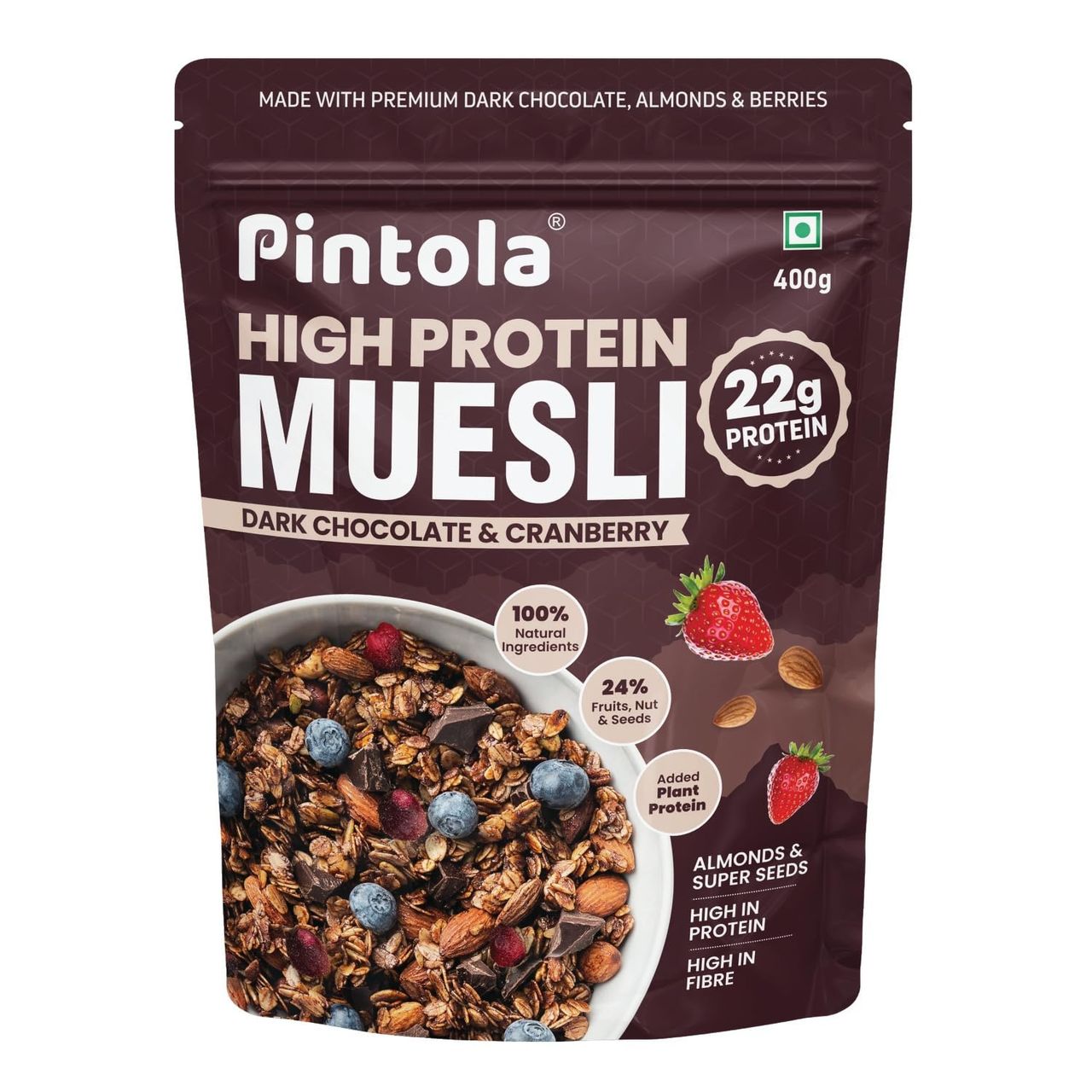 Pintola High Protein Muesli Dark Chocolate & Cranberry, 22G Protein, High Fibre, Trans Fat Free