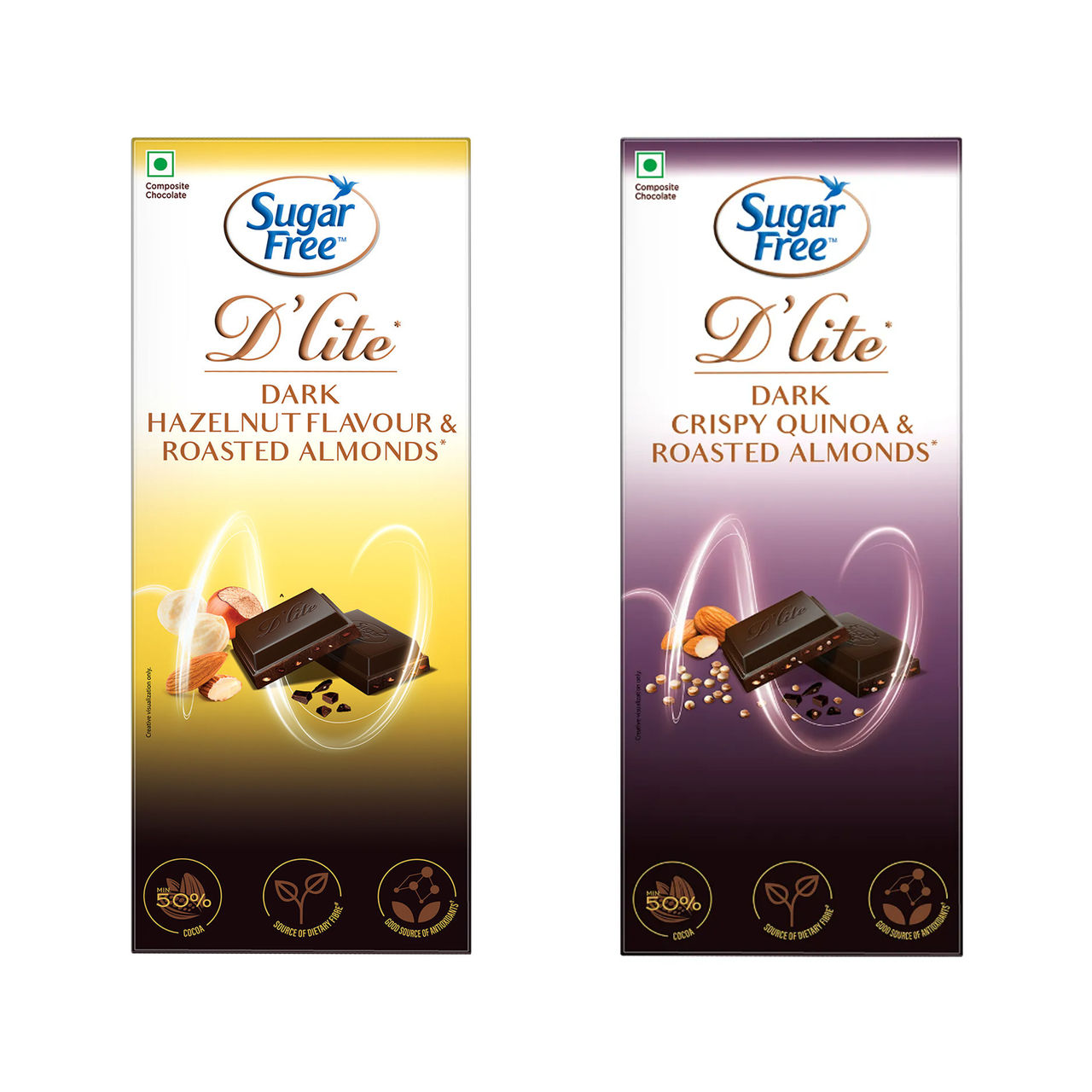 Sugar Free D'Lite Dark Chocolate Bar - Hazelnut & Roasted Almonds(40gms) & Sugar Free D'Lite Quinoa & Almonds Dark Chocolate Bar(40gms) Combo