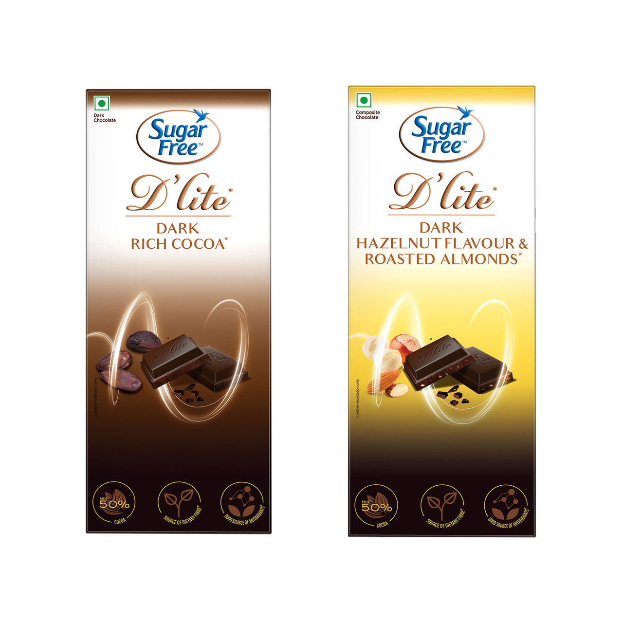 Sugar Free D'Lite Rich Cocoa Dark Chocolate Bar(40gms) & Sugar Free D'Lite Dark Chocolate Bar - Hazelnut & Roasted Almonds(40gms) Combo
