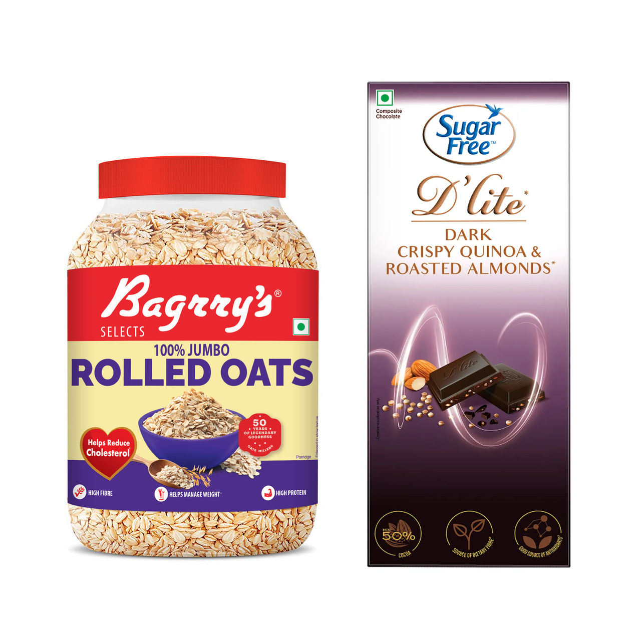 Bagrry’S Rolled Oats Jar(1.2kg) & Sugar Free D'Lite Quinoa & Almonds Dark Chocolate Bar(40gms) Combo