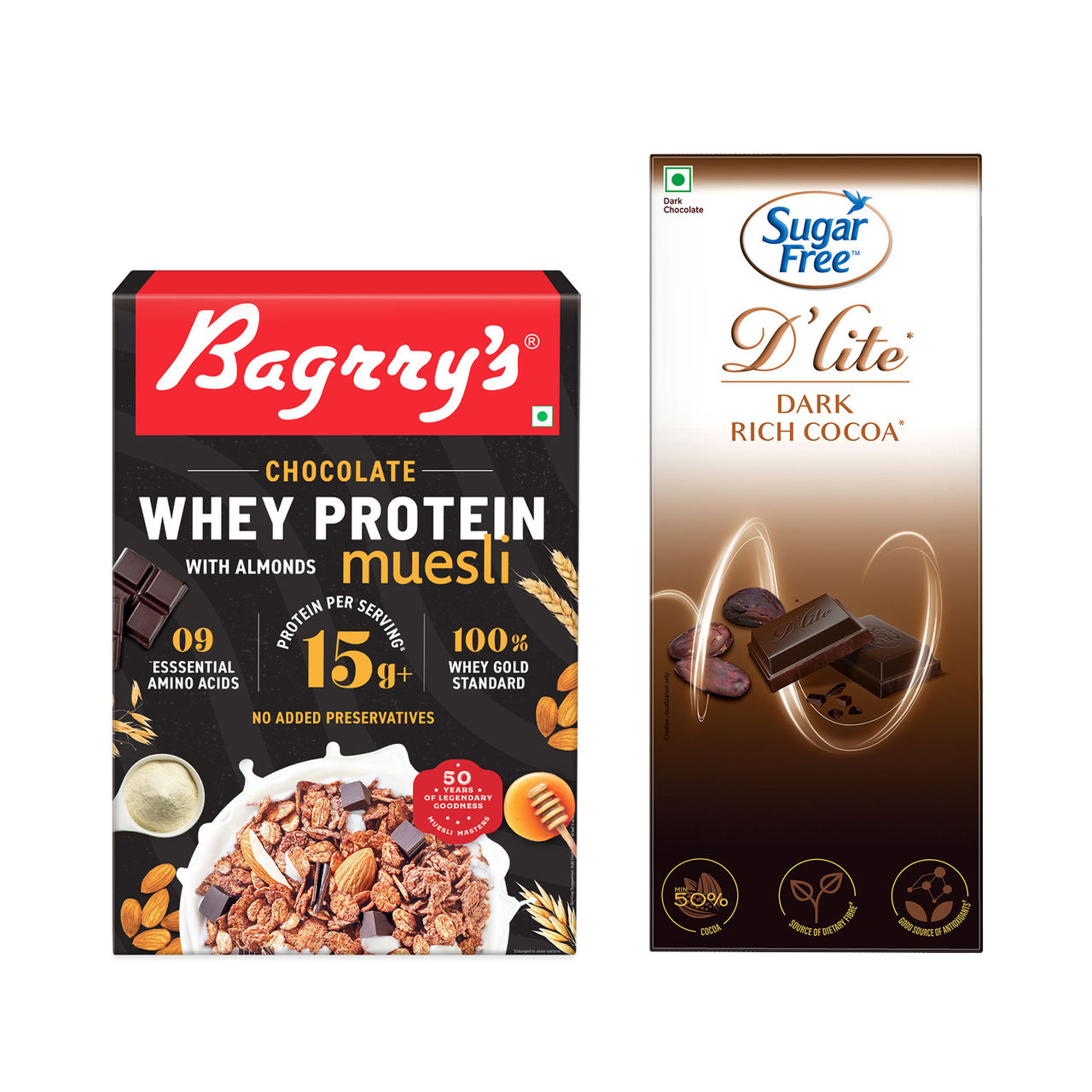 Bagrry'S Whey Protein Chocolate Muesli With Almonds ( 100% Whole Oats)(500gms) & Sugar Free D'Lite Rich Cocoa Dark Chocolate Bar(40gms) Combo
