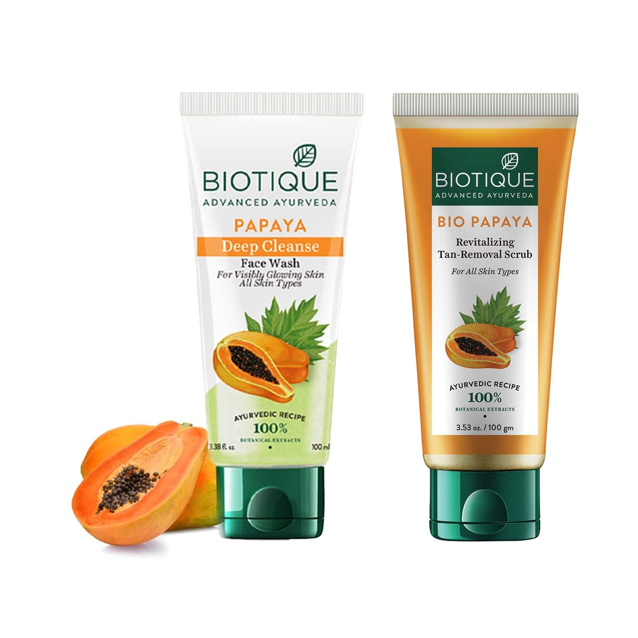 Biotique Papaya Tan Removal Brightening & Revitalizing Face Scrub Tube(100gms) & Biotique Papaya Deep Cleanse Face Wash(100ml) Combo 