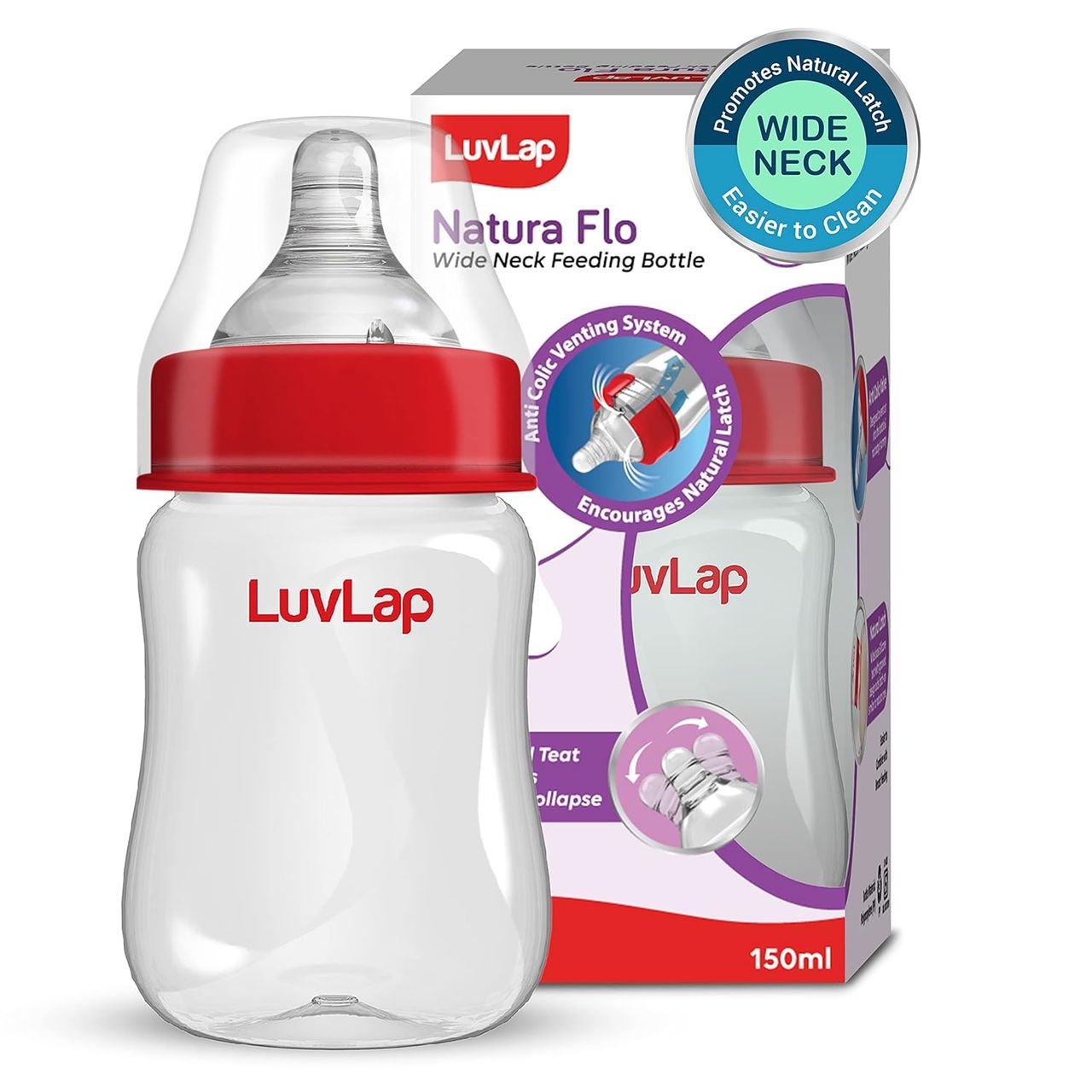 LuvLap Wide Neck Bottle Anti - Colic Nipple Feeding For Kids | Red | 0 - 3 years