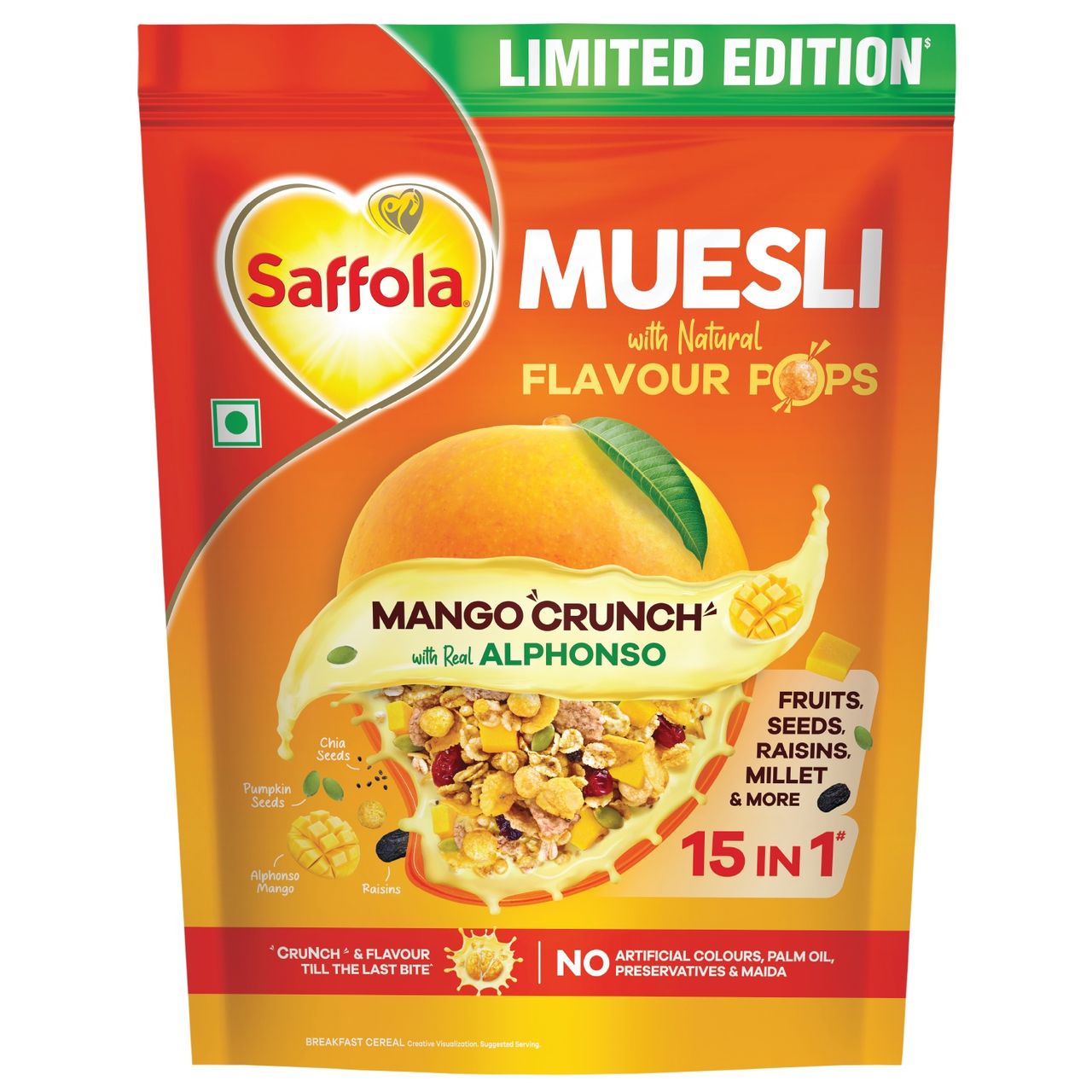 Saffola FOODs Muesli Mango Crunch - with Real Alphonso Mango | with Crunchy Flavour Pops