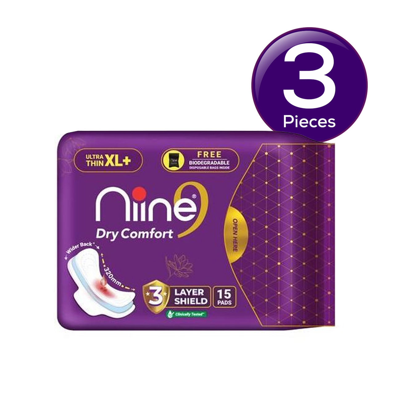 Niine Dry Comfort Ultra Thin Sanitary Pads - XL (320 Mm) | With Free Biodegradable Bags 15 pc Combo
