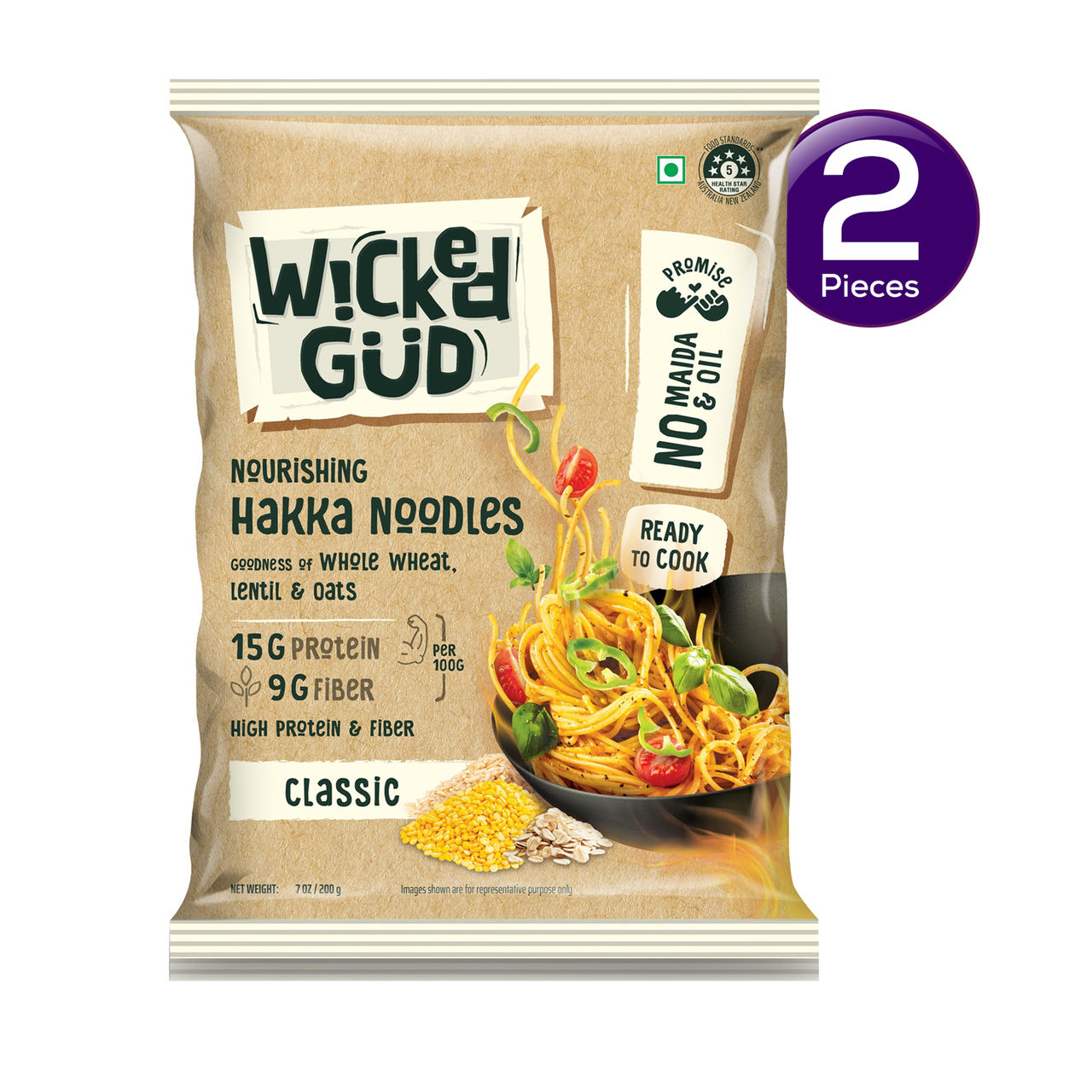 Wickedgud Multigrain Hakka Noodles | No Maida | No Oil | High Protein | High Fiber 200 g Combo