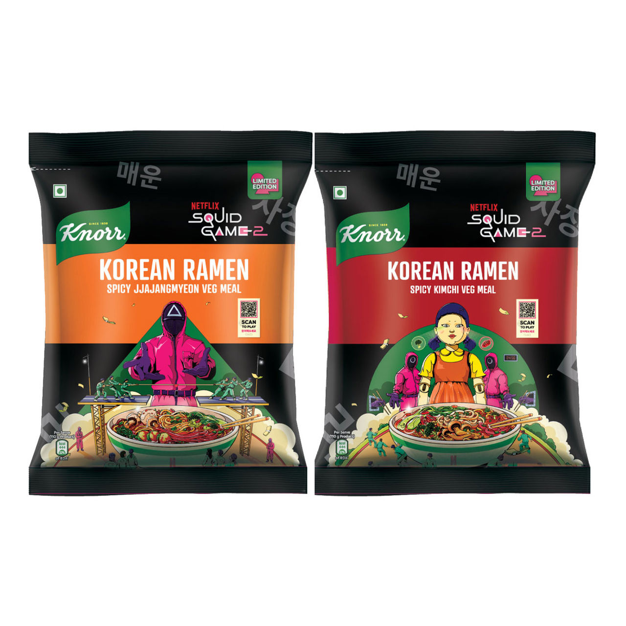Korean Knorr Korean Ramen Spicy Kimchi Veg Meal (96g) & Knorr Korean Ramen Spicy Jjajangmyeon Veg Meal (110g) Combo
