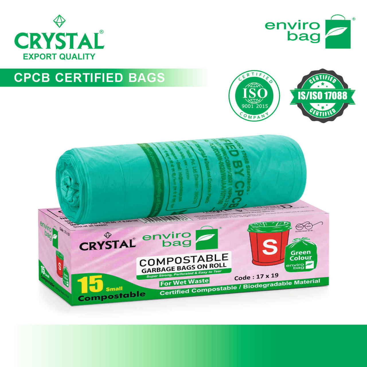 Crystal Small Garbage Bag 17x19, Compostable, Green Colour