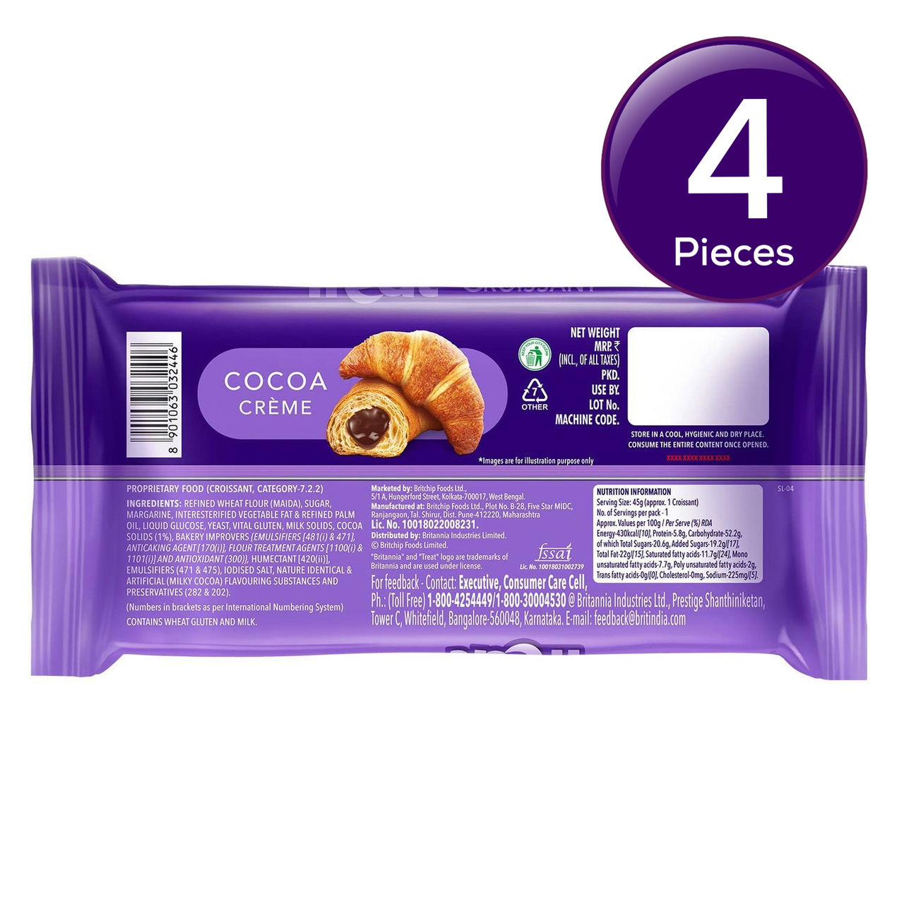 Britannia Treat Croissant - With Cocoa Creme Filling 100% VEG 45 g Combo
