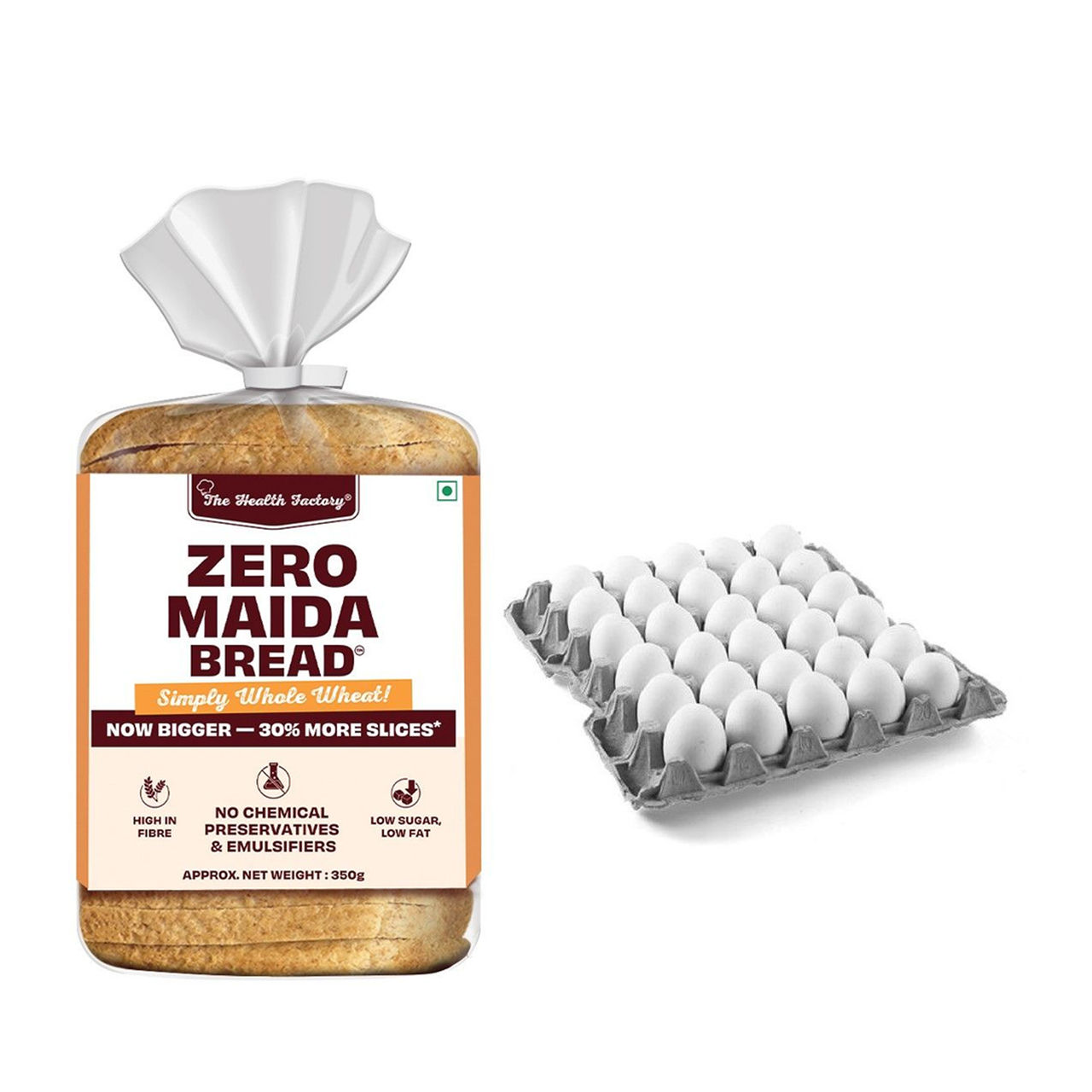 The Health Factory Zero Maida Bread - Simply Whole Wheat(350gms) & Vijay White Eggs 30 Piece(30pc) Combo