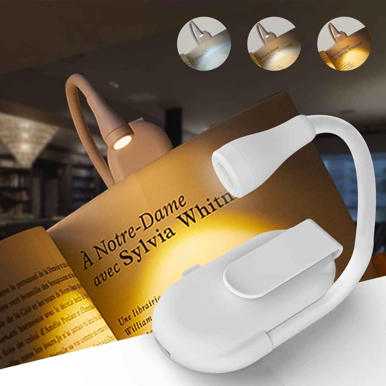 Desidiya Reading Light,Book Light for Night,Book Reading Specialty with Clip,USB Rechargeable,10D x 10W x 10H Centimeters,3 Modes,Portable,Eye Caring - White