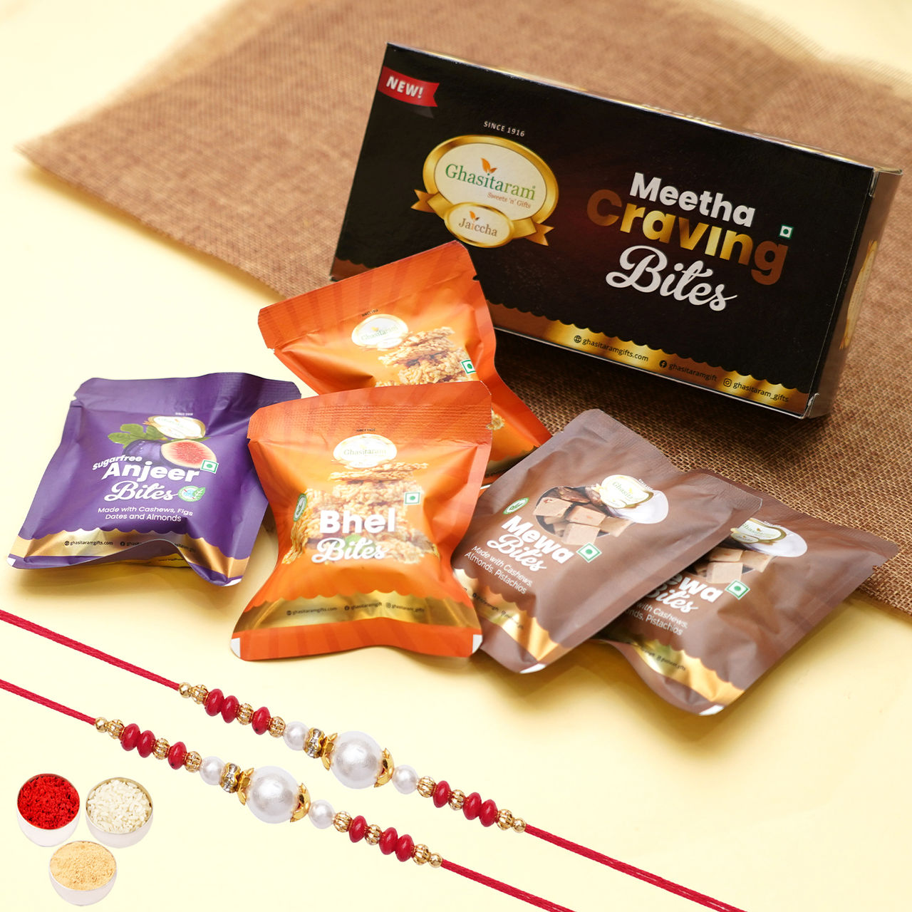 Ghasitaram Gifts Meetha Craving Bites with 2 Rakhis