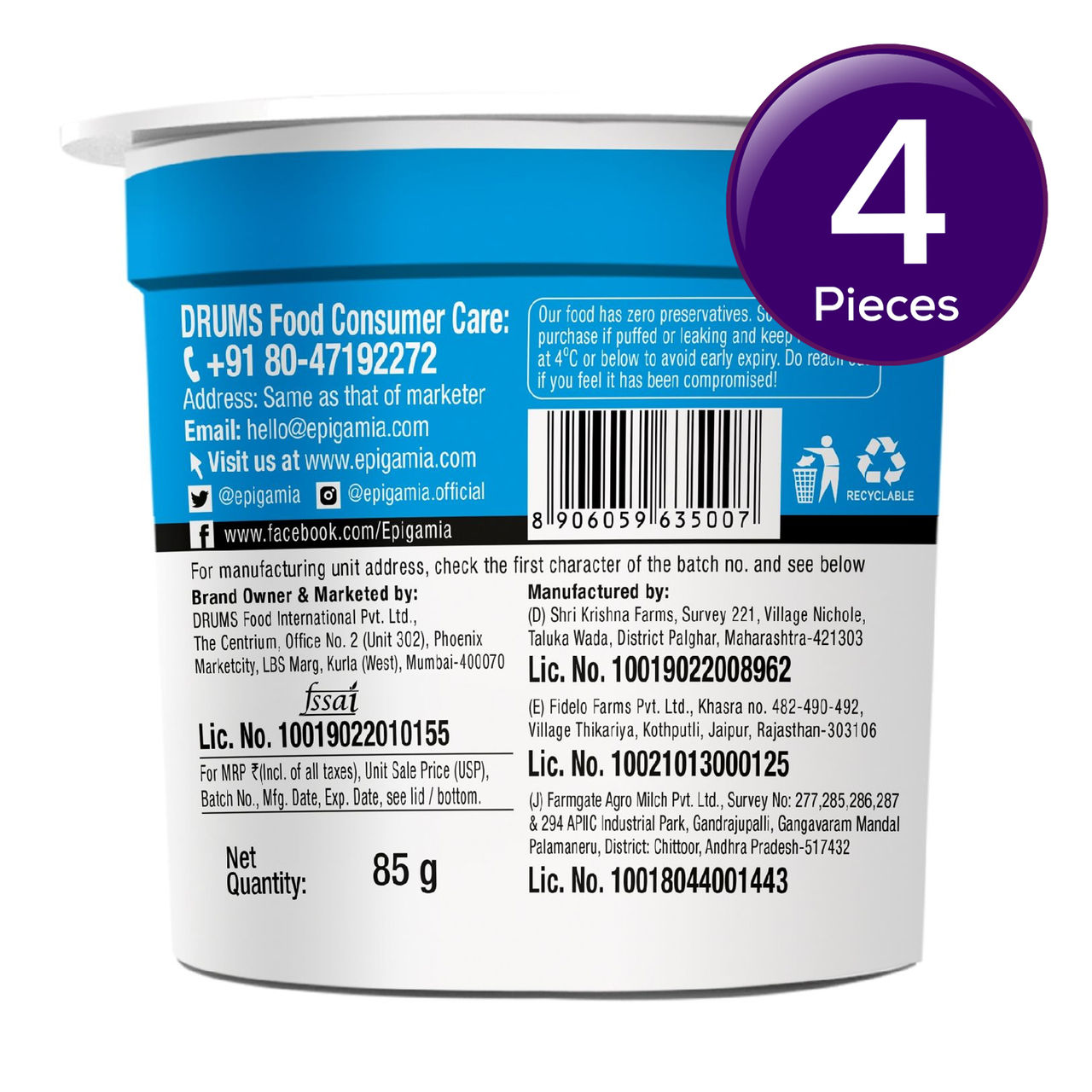 Epigamia Greek Yogurt- Natural 85 g Combo