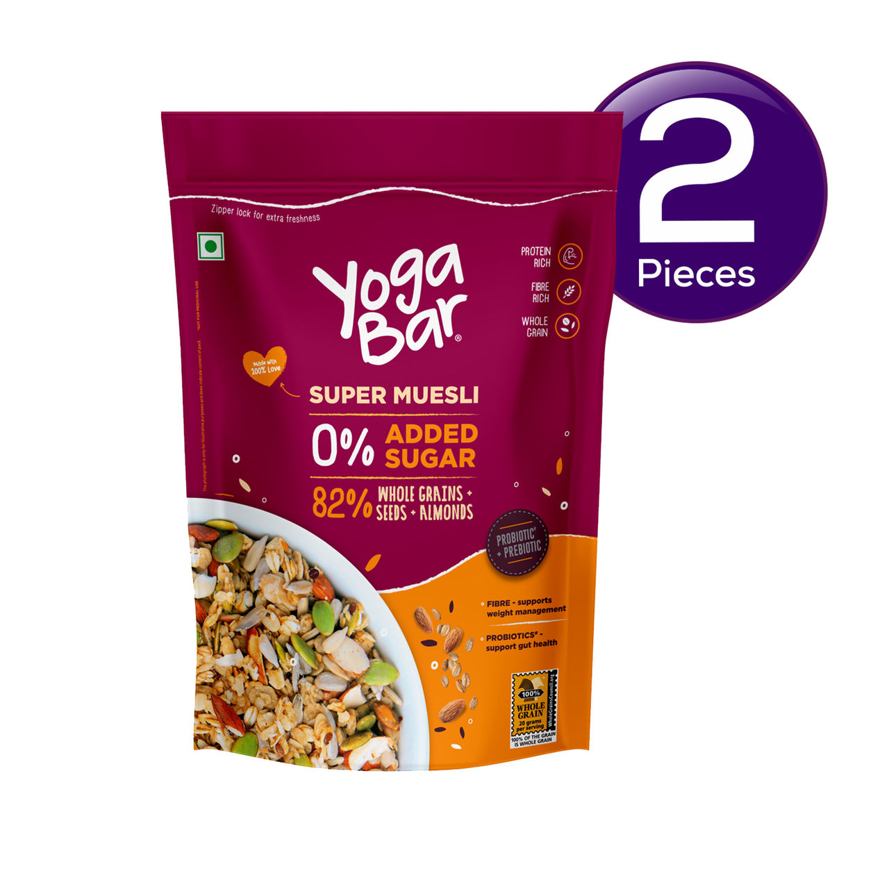 Yoga Bar No Added Sugar Muesli, Breakfast Cereal, 82% Whole Grains, Seeds, Almonds 400g 400 g Combo