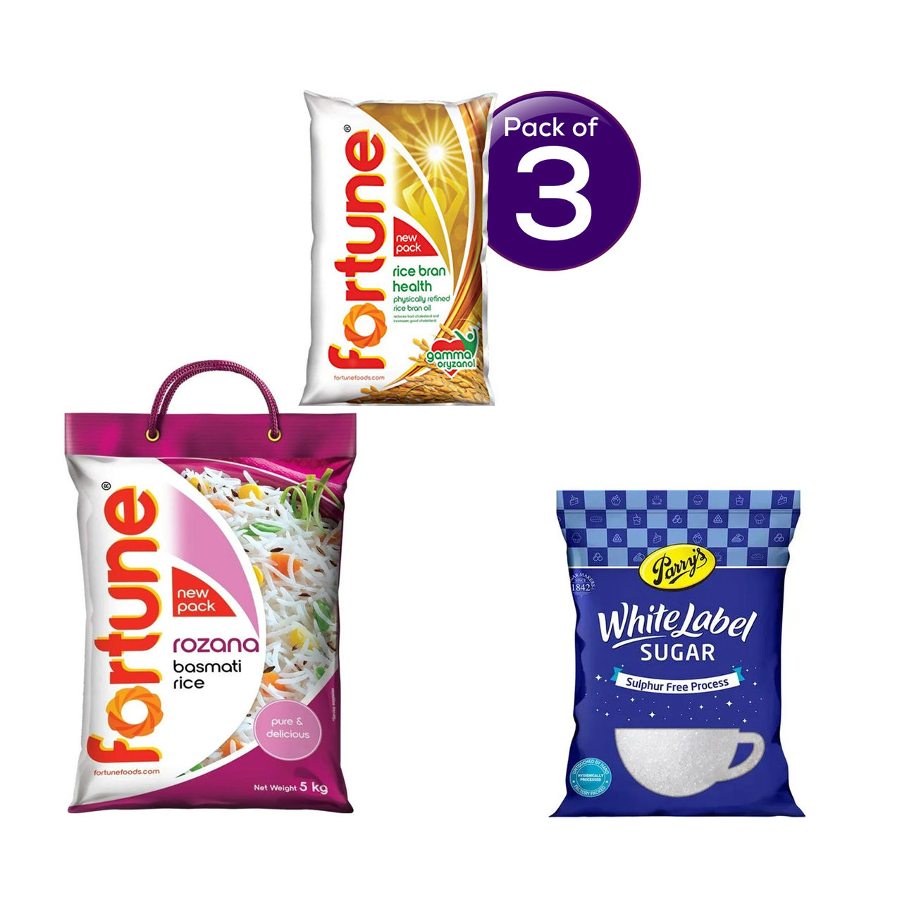 Fortune Rice Bran (Pouch) 1 l * 3 & Fortune Rozana Basmati Rice 5 kg with 1 kg Sugar Free