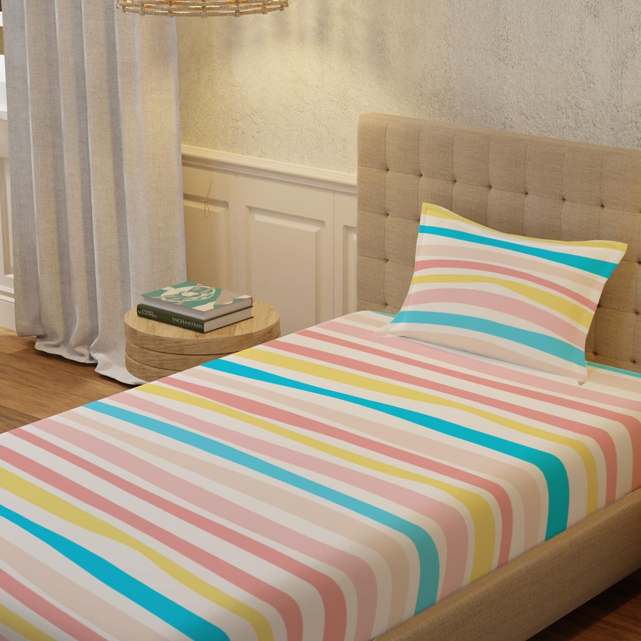 Urban Space 200 TC 100% Cotton Single Bedsheet with 1 Pillow Cover - Multi Stripes-Pastel