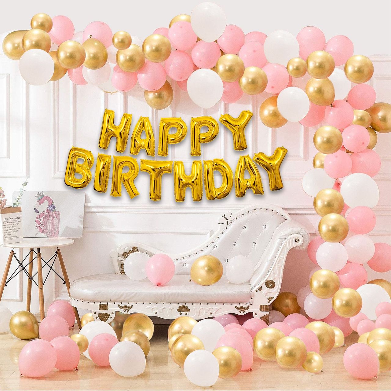 Party Propz Birthday Decoration Items For Girls | Pink - Gold - White | Pack Of 76