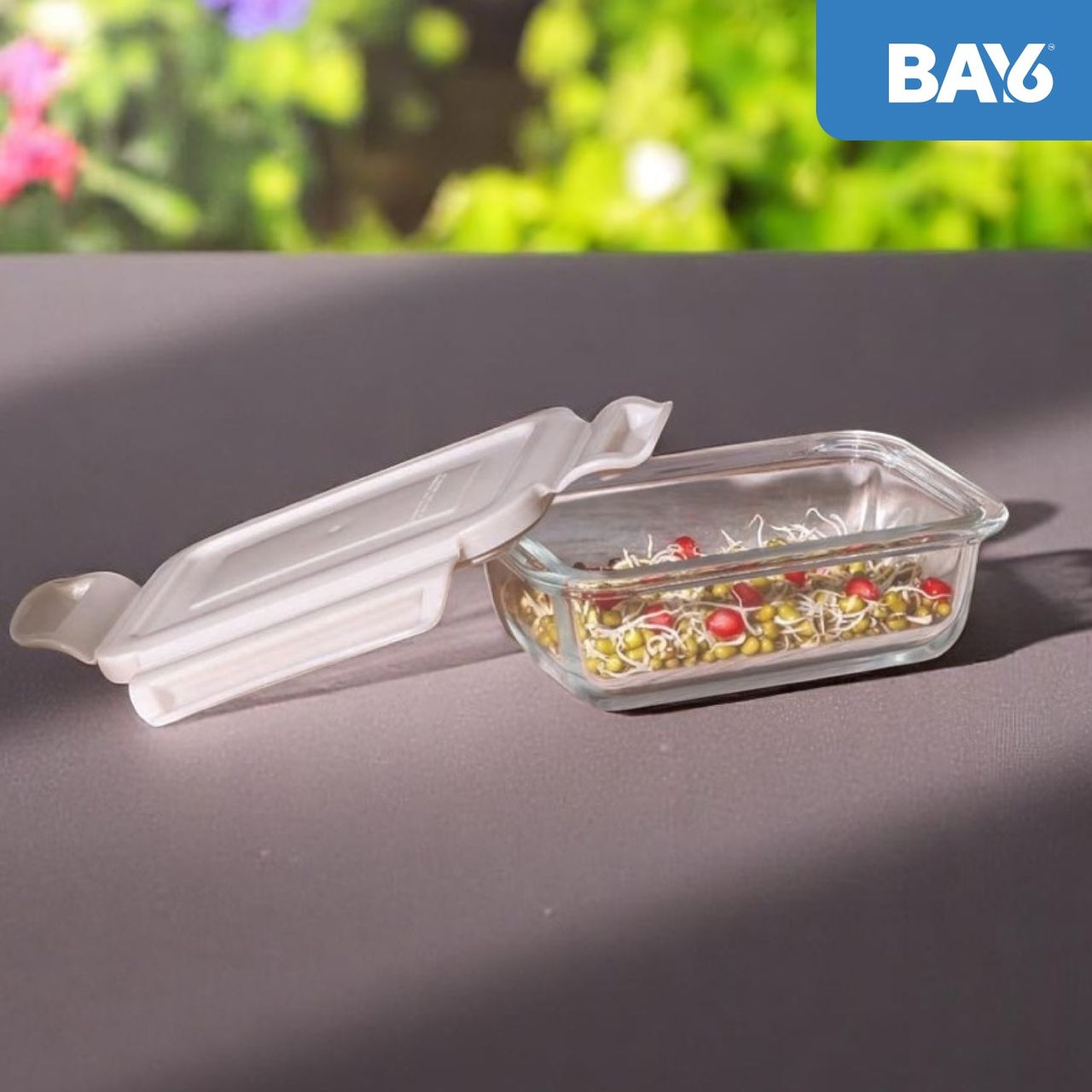 BAY6 Premium Imported Borosilicate Glass Container with Lid 180 ml - Rectangle - Beige