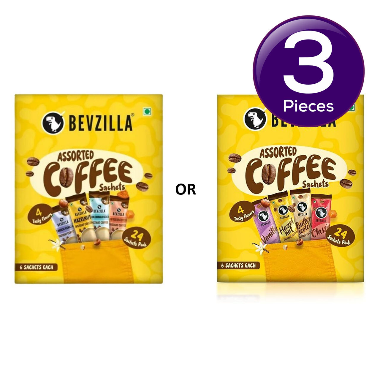 Bevzilla 24 Sachets Pack (4 Flavors) X (6 Sachets Each) Assorted Instant Coffee 48 g Combo