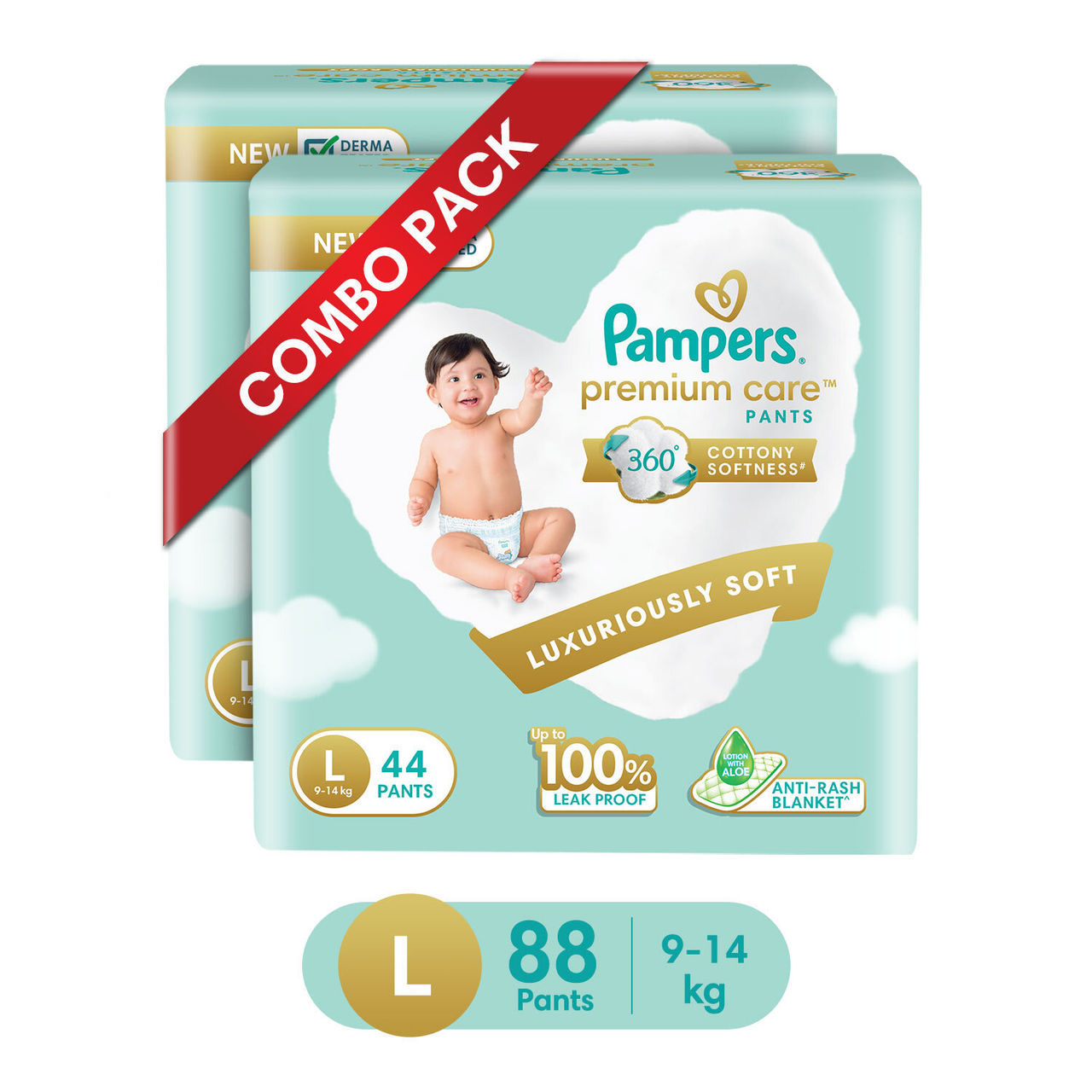 Pampers Premium Care Diaper (Pants, L, 9-14 kg) 44 pc Combo
