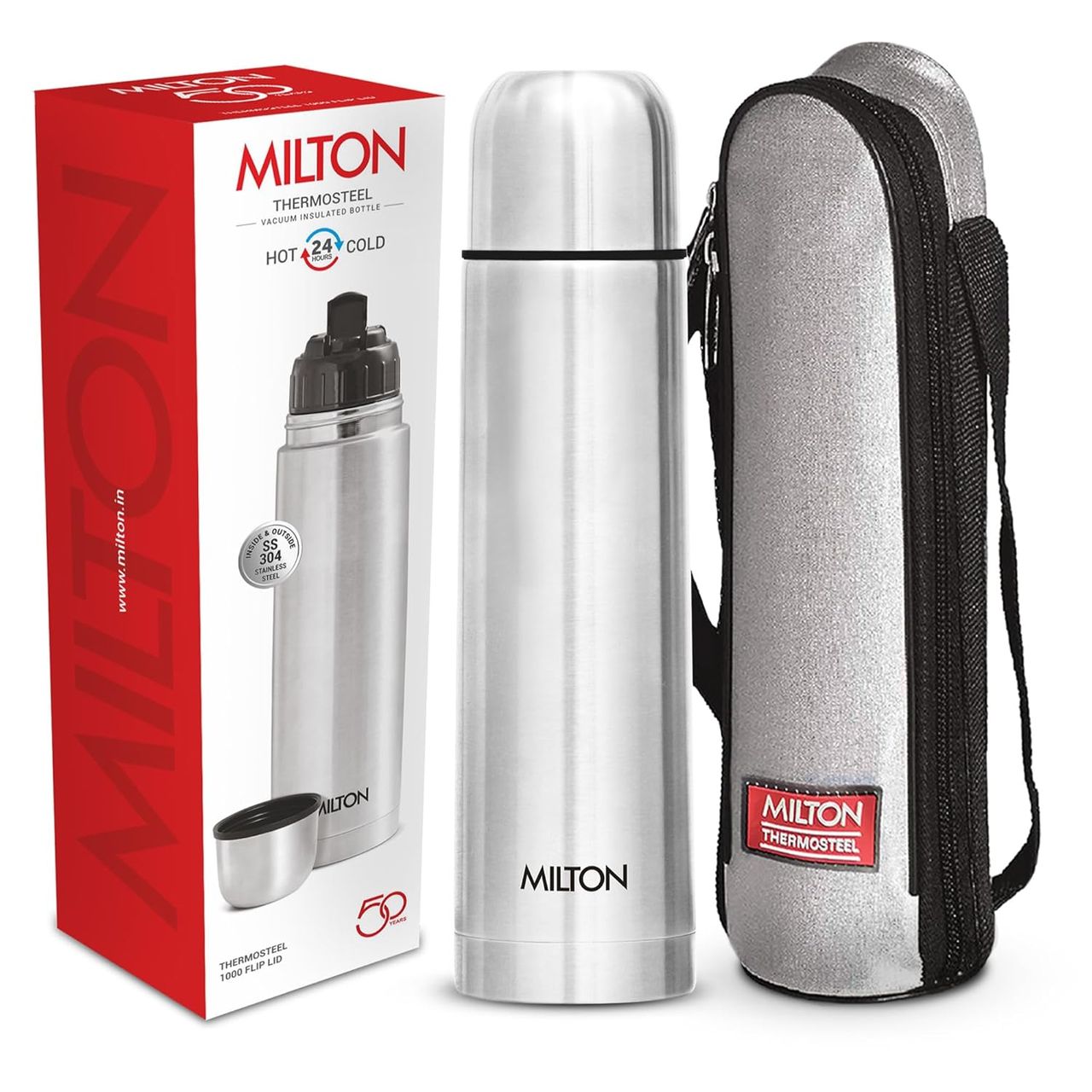 Milton Flip Lid Thermosteel 24 Hours Hot And Cold Water Bottle With Bag - 1 L | Silver