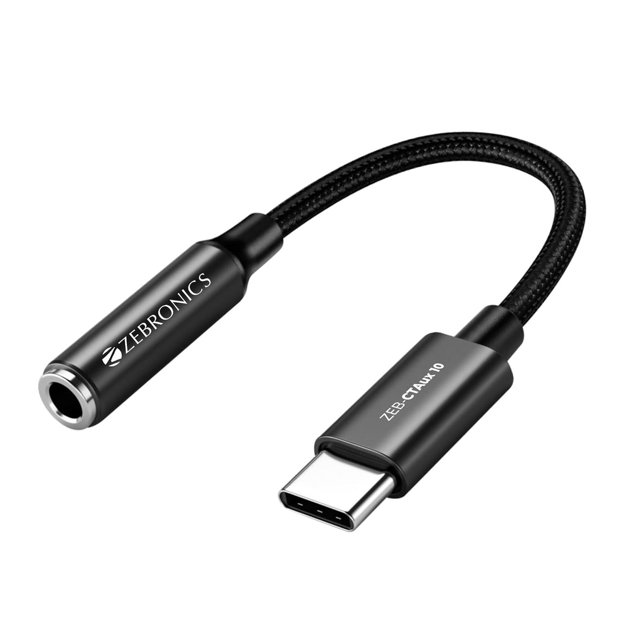 Zebronics CTAux10 Type-C to 3.5mm Converter Built in DAC Chip Aluminum Body Braided Cable Supports Mic Black