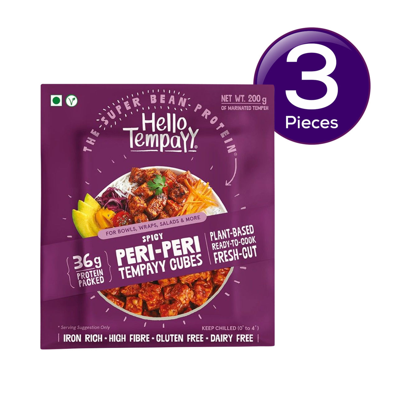 Hello Tempayy Spicy Peri Peri Soyabean Tempeh Cubes Protein & Fibre Rich 200 g Combo