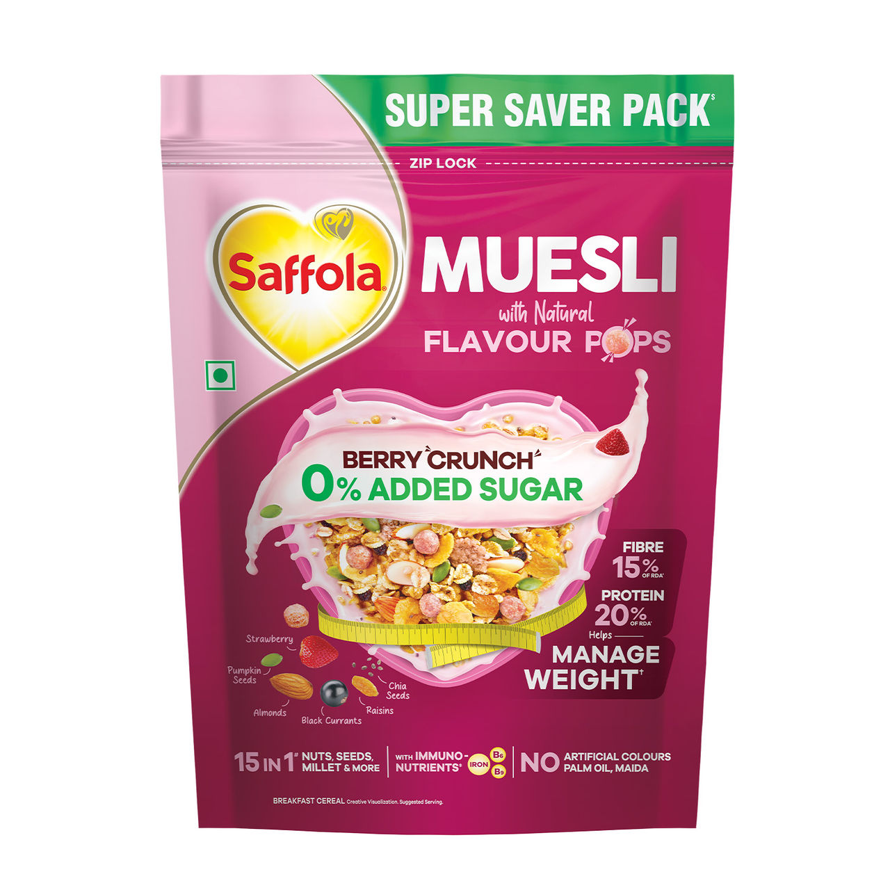 Saffola Muesli 0% Added Sugar Berry Crunch With Flavour Pops | Helps Manage Weight