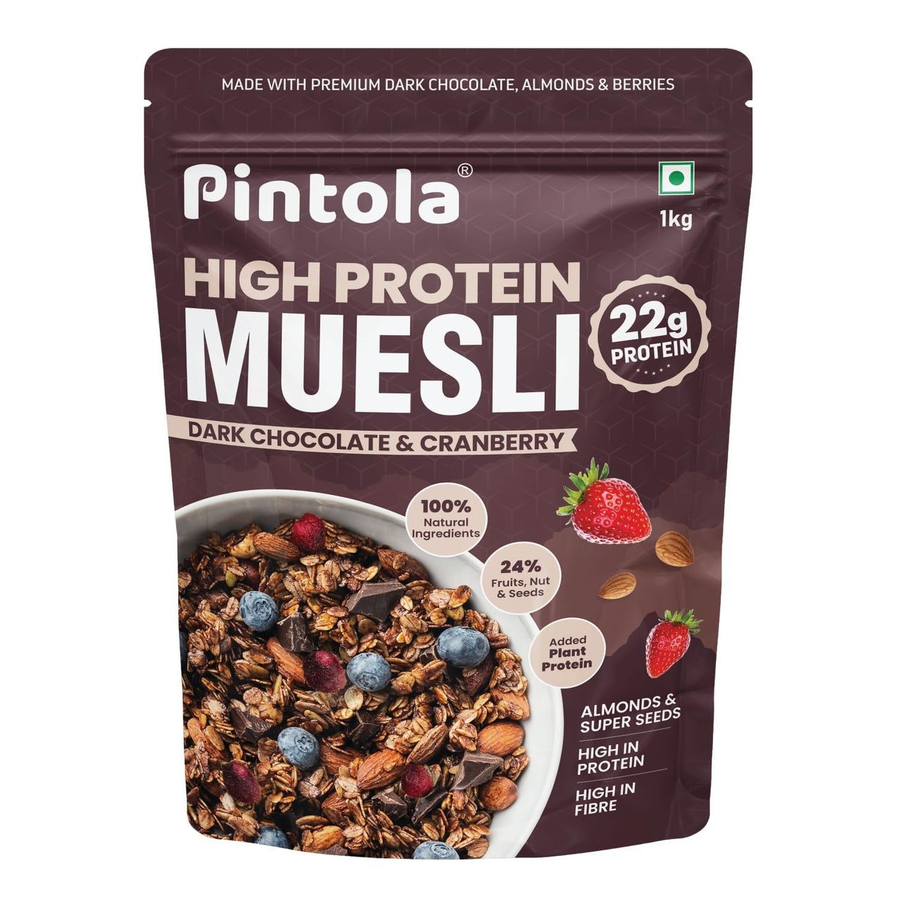 Pintola High Protein Muesli Dark Chocolate & Cranberry, 22G Protein, High Fibre, Trans Fat Free