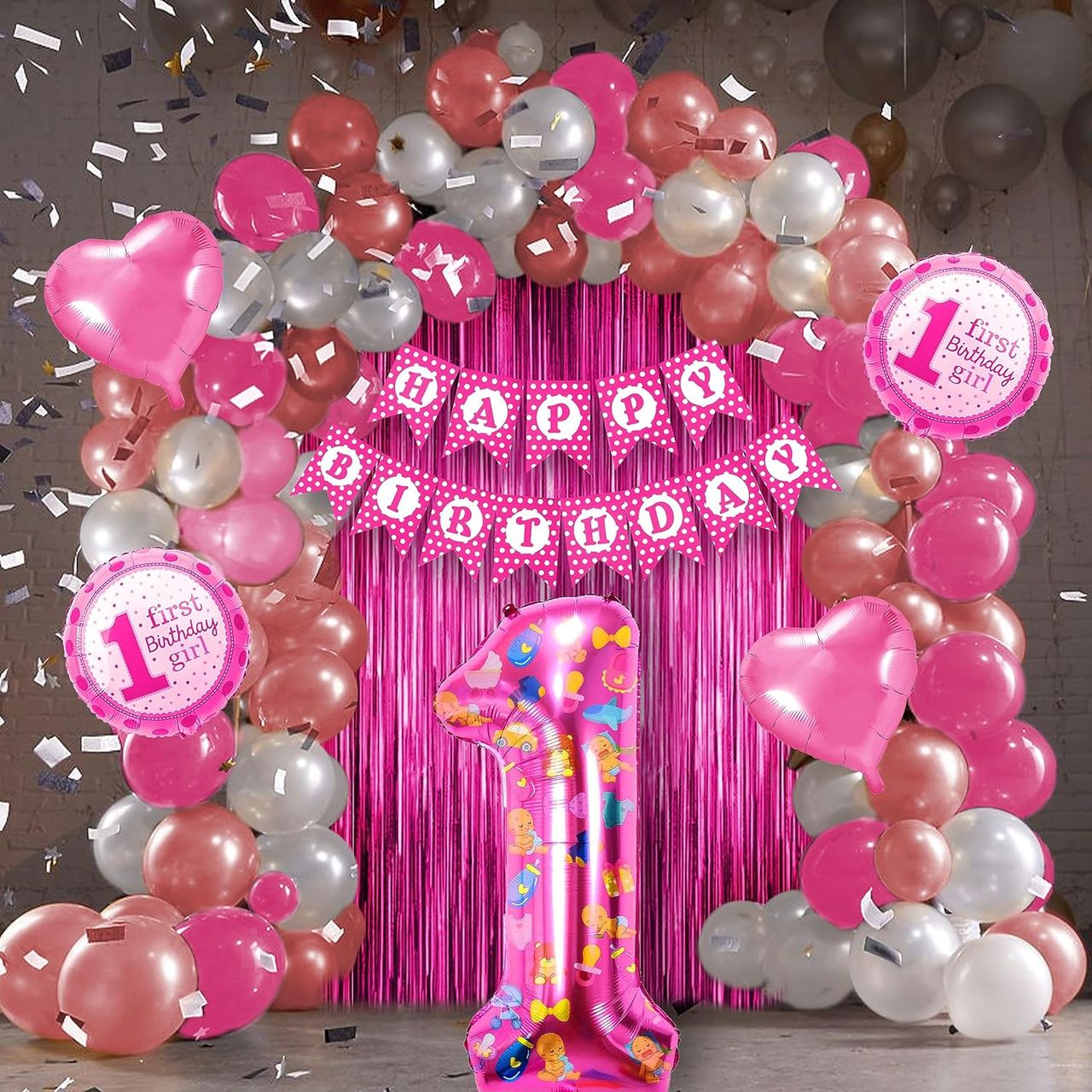 Just Party 1St Birthday Girl Decoration Set - Pink Balloons, Foil Balloons, And Diy Banner