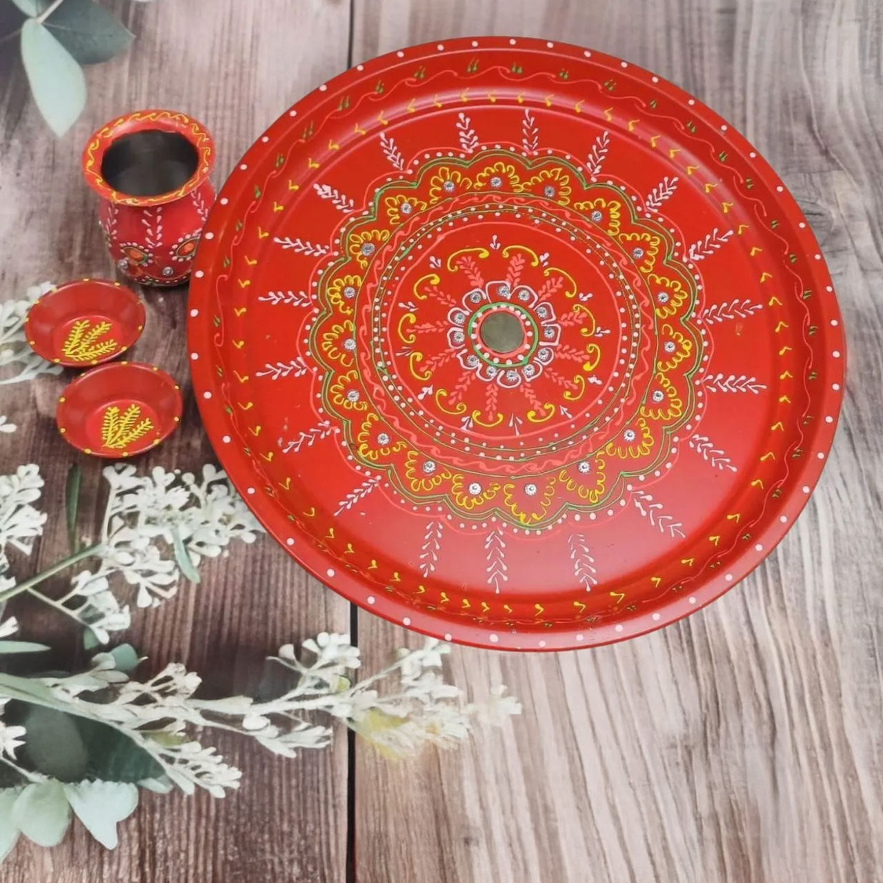 Gullak Pooja Thali Kalash Set Stainless Steel Handpainted With 10 inch Thali Lota And 2 Katori