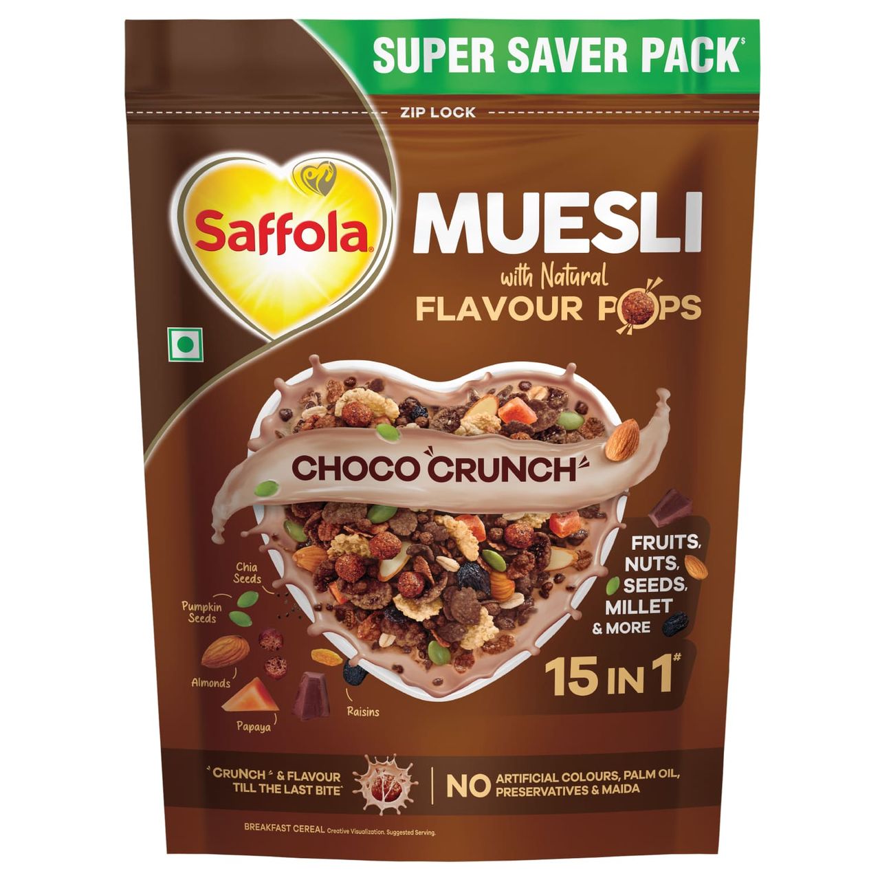 Saffola Muesli Choco Crunch With Flavour Pops 15 In 1 Fruit And Nuts | Seeds | Millet & More