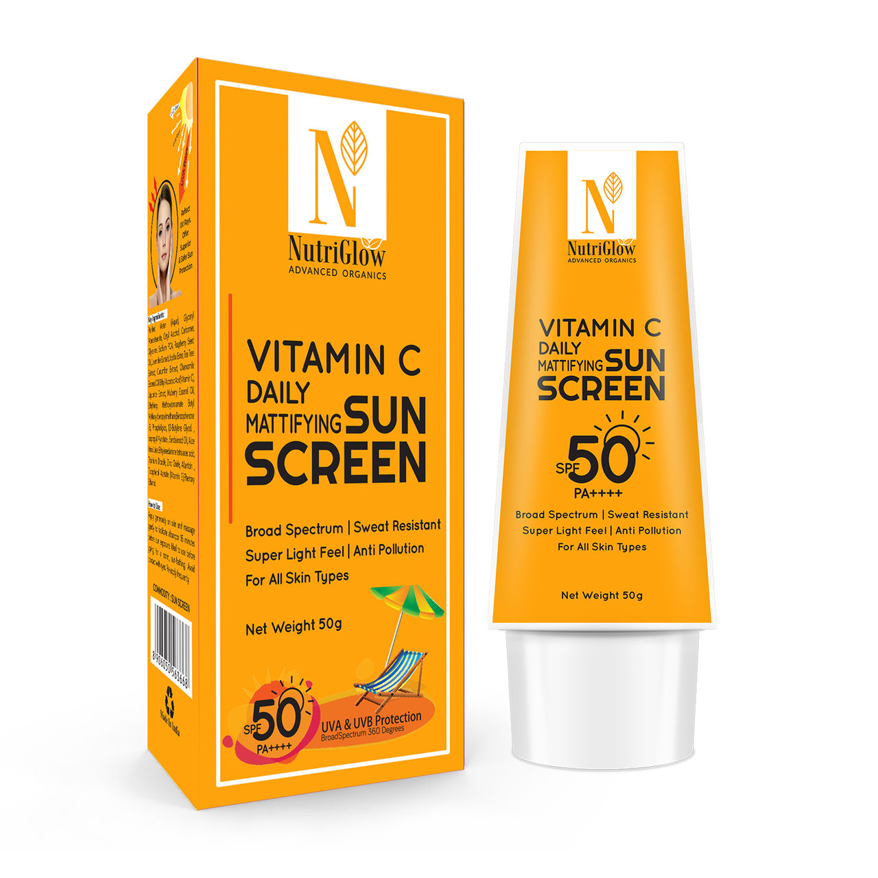 NutriGlow Advanced Organics Sunscreen - SPF 50 PA++++ Vitamin C Mattifying Sunscreen