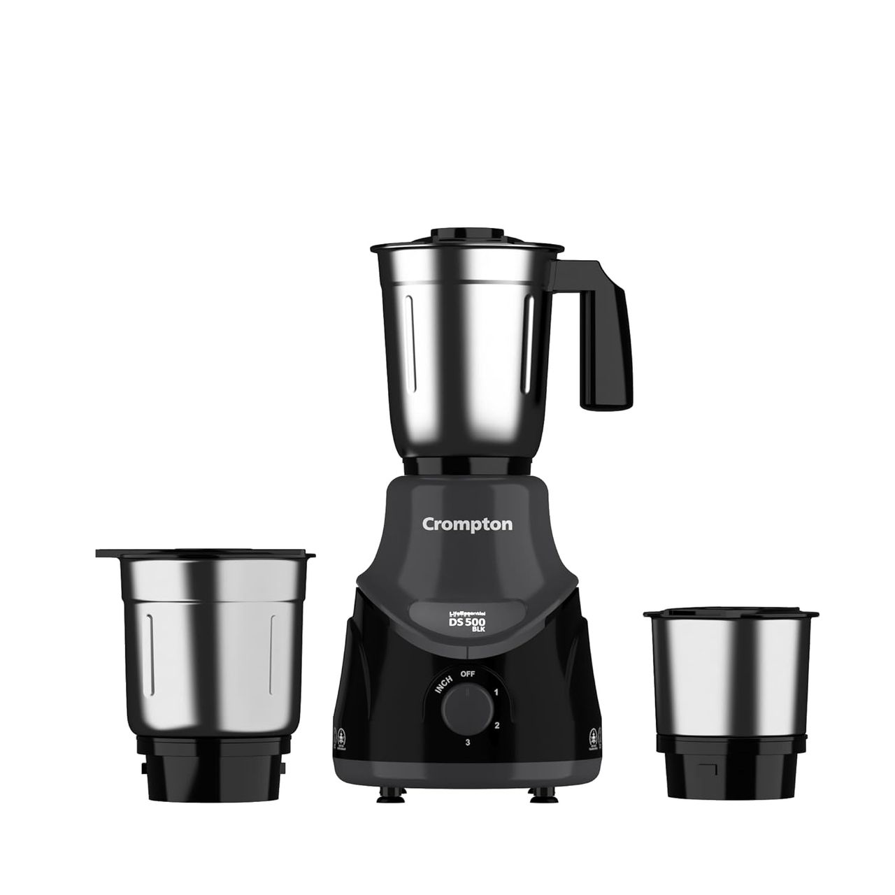 Crompton 500 Blk 500-Watt Mixer Grinder Powertron Motor & Motor 3 Stainless Steel Jars Black & Grey