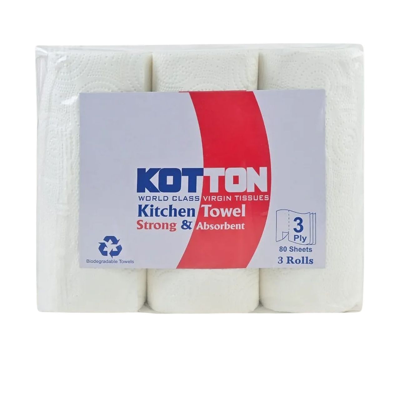 Kotton Kitchen Towel 3 Ply - 100% Virgin Pulp/Paper, 80 Pulls Per Roll