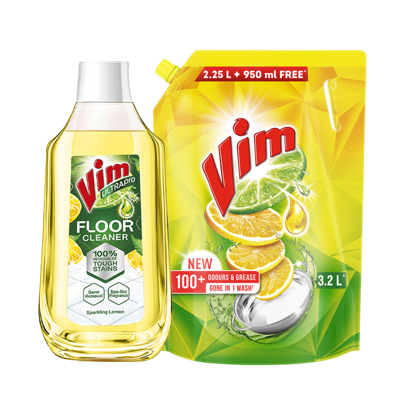 Vim Dishwash Liquid | Removes 100+ Odours & Grease In 1 Wash (3.2l) & Vim Lemongrass With Salt Refreshing Floor Cleaner (500ml) Combo