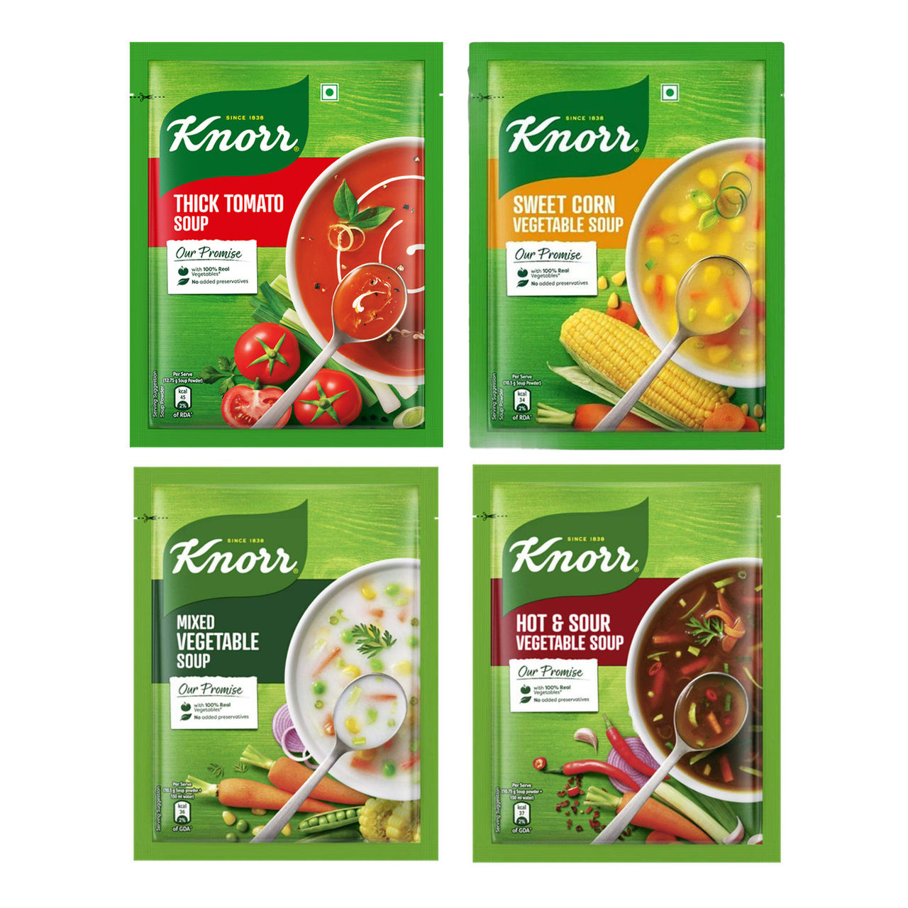 Knorr Classic Tomato Soup (51g) & Knorr Classic Vegetable Soup - Sweet Corn (42g) & Knorr Classic Mix Veg Soup (40g) & Knorr Chinese Hot And Sour Veg Soup (41g) Combo