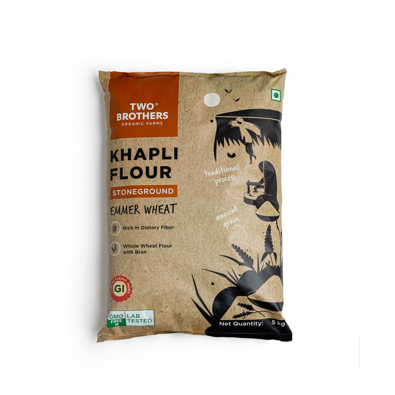 Two Brothers Khapli | Emmer Long Wheat Atta, Stoneground 5 Kg