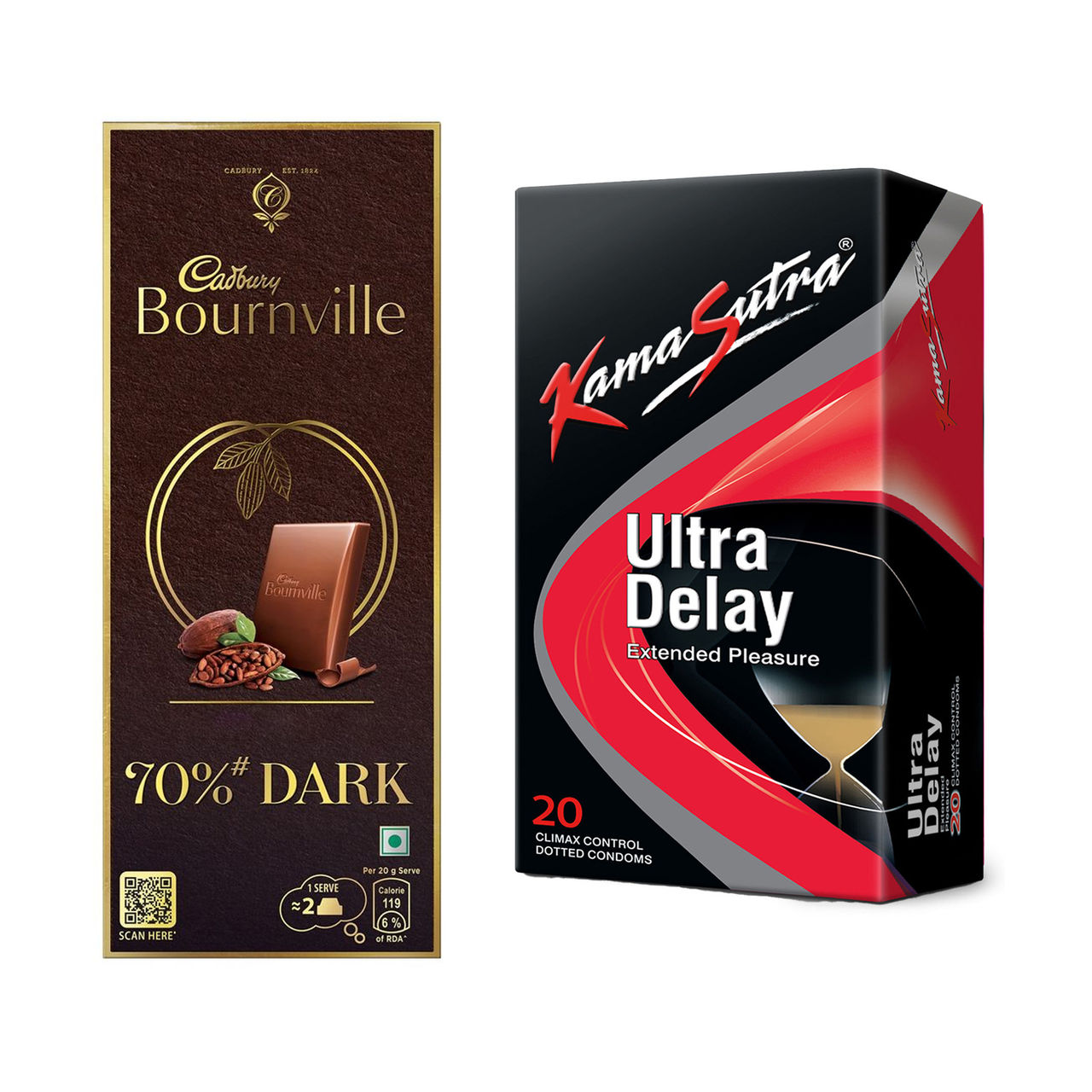 Cadbury Bournville Rich Cocoa 70% Dark Chocolate Bar(80gms) & Durex Air Condom - Ultra Thin Condoms(20pc) Combo