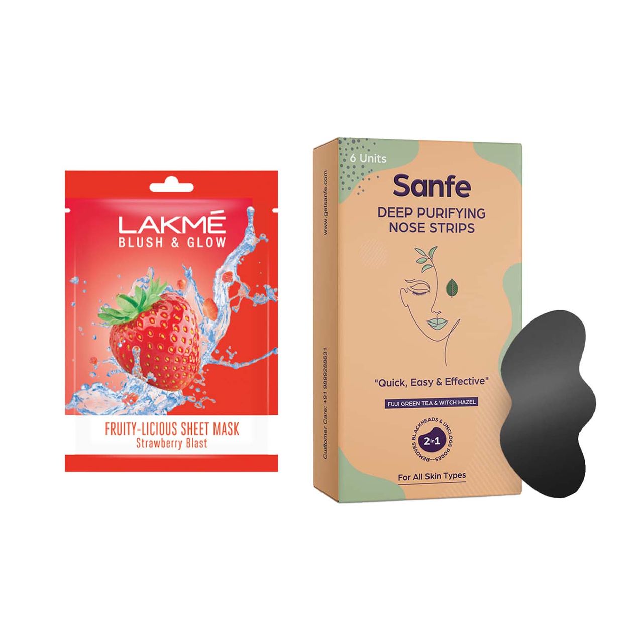 Lakme Blush & Glow Strawberry Sheet Mask(25ml) & Sanfe Deep Purifying Nose Strips For Women With Fuji Green Tea & Witch Hazel Extracts(6pc) Combo