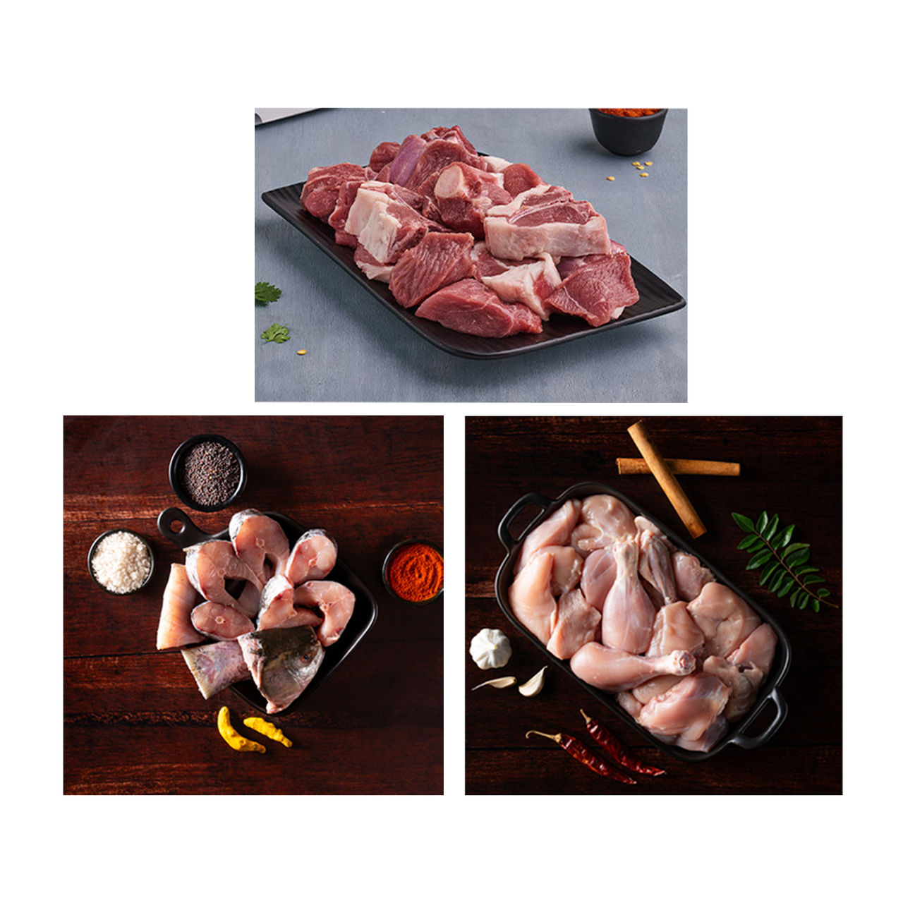 Relish Chicken Curry Cut Without Skin(500gms), Relish Rohu Curry Cut With Head(500gms) & Relish Goat Curry Cut(370gms) Combo