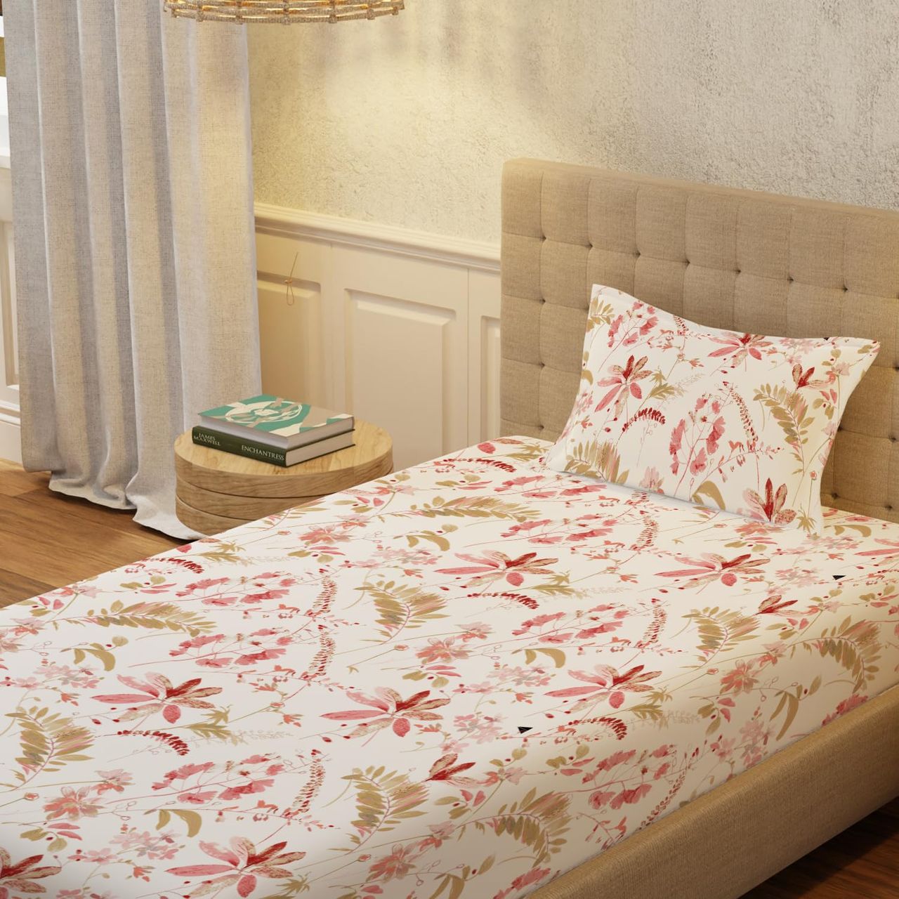 Urban Space 200 TC 100% Cotton Single Bedsheet with 1 Pillow Cover - Floral Feast Peach