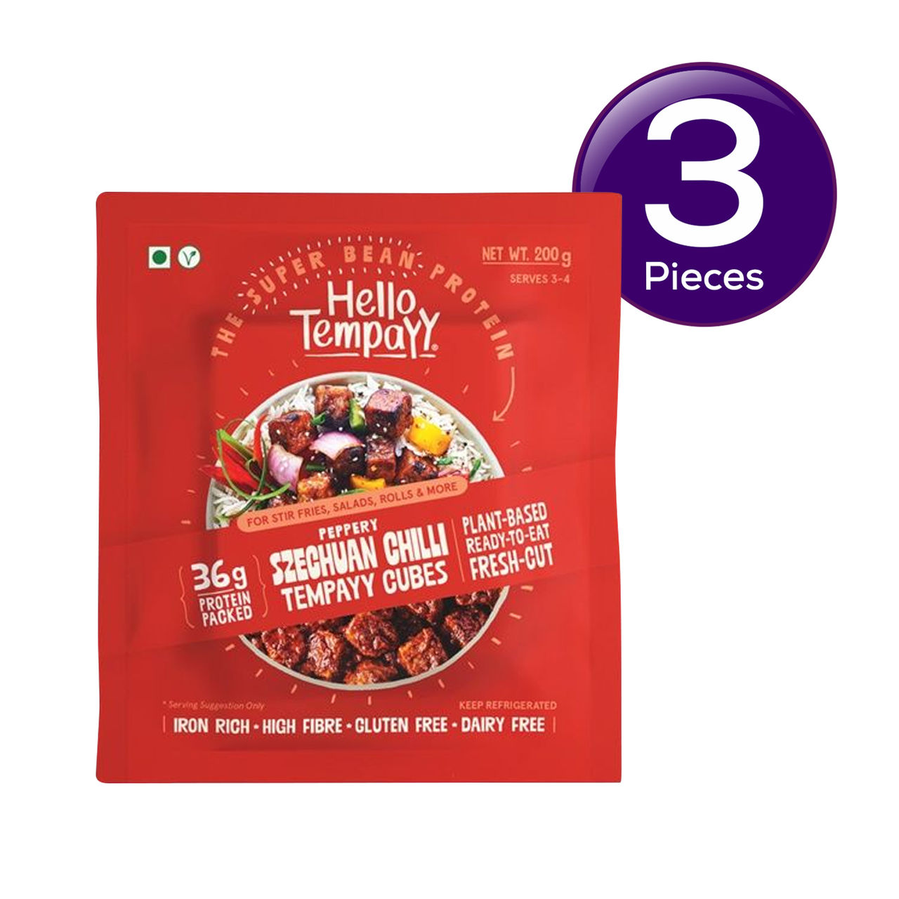Hello Tempayy Peppery Szechuan Chilli Soyabean Tempeh Cubes Protein & Fibre Rich 200 g Combo
