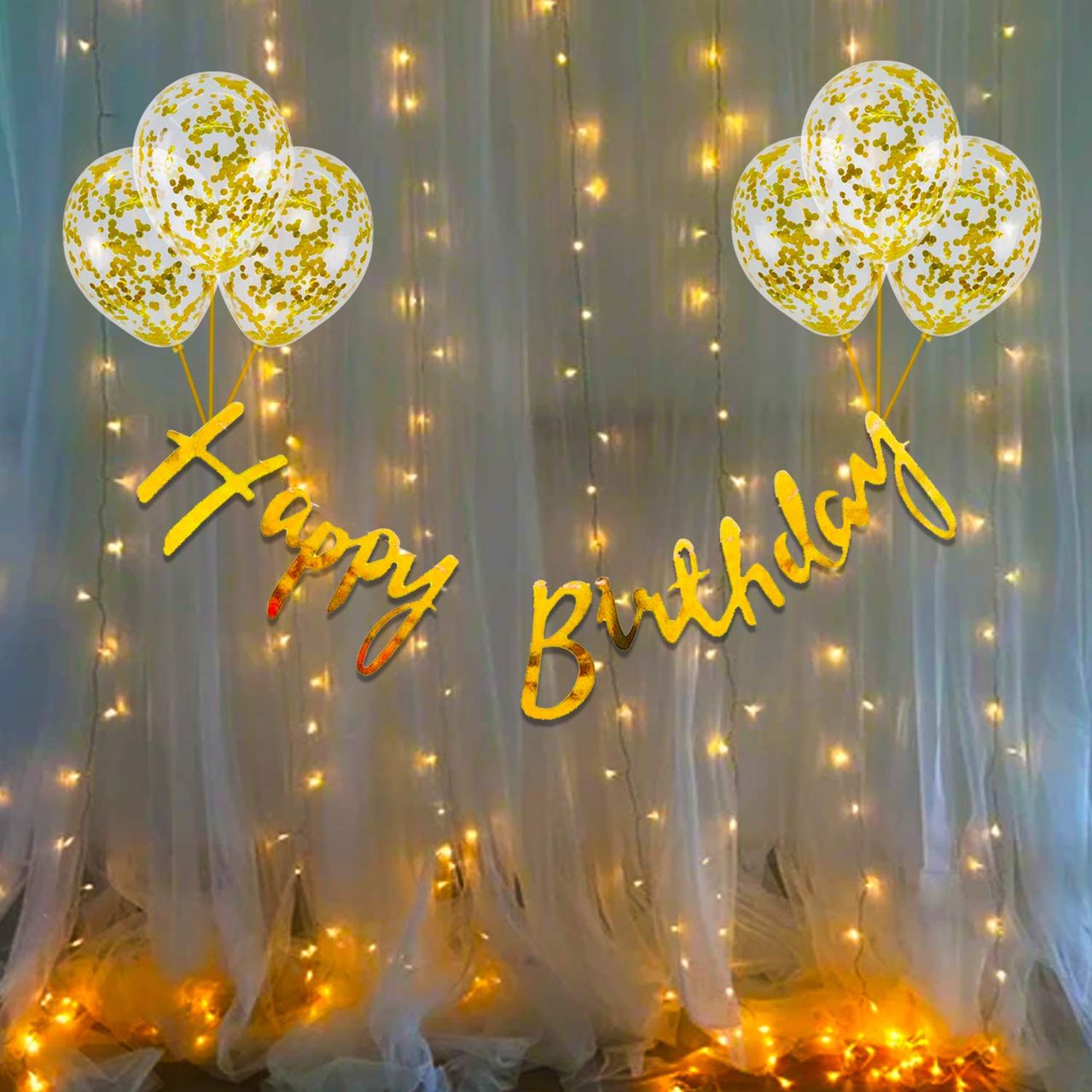 Party Propz Birthday Decoration Items Kit | 1 Pcs Banner-8 Pcs Confetti Balloons & 1 Pcs LED Light