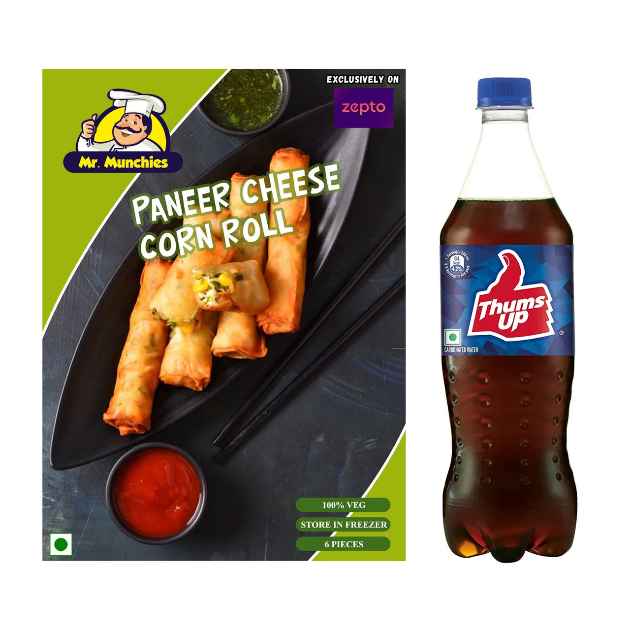 Mr. Munchies Paneer Cheese Corn Roll(250gms) & Thums Up Soft Drink(750ml) Combo