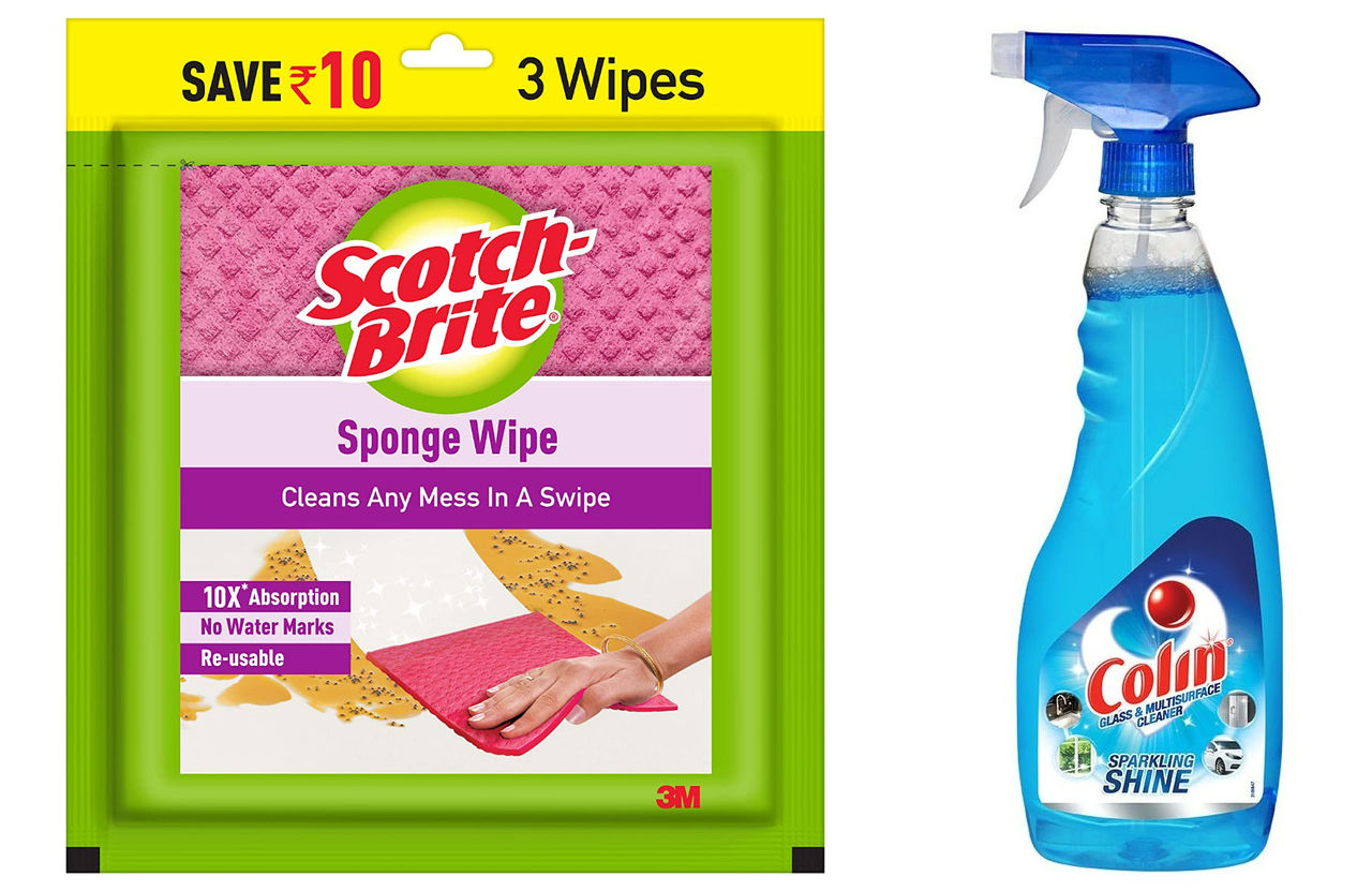 Colin Glass and Surface Cleaner Liquid Spray Regular 500 ml & Scotch Brite Sponge Wipes 3 pc Combo