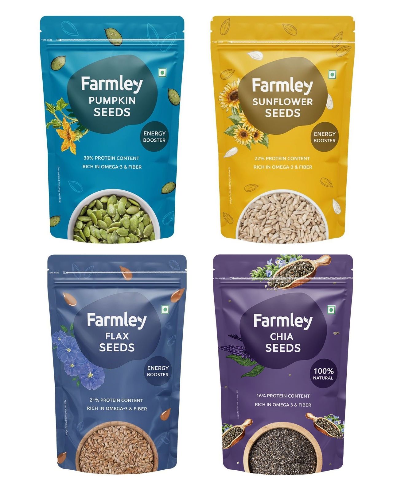 Farmley Premium Seeds- Chia, Flax, Pumpkin & Sunflower Seeds 4 Pack Combo
